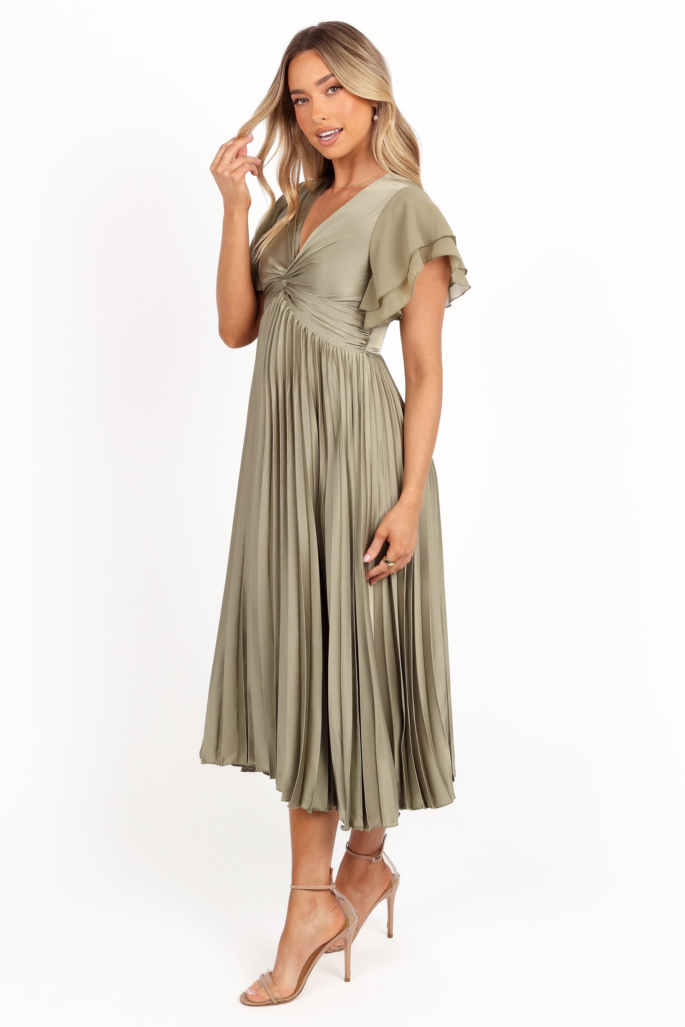 Nova Flutter Sleeve Midi Dress - Olive-Aur Fashion