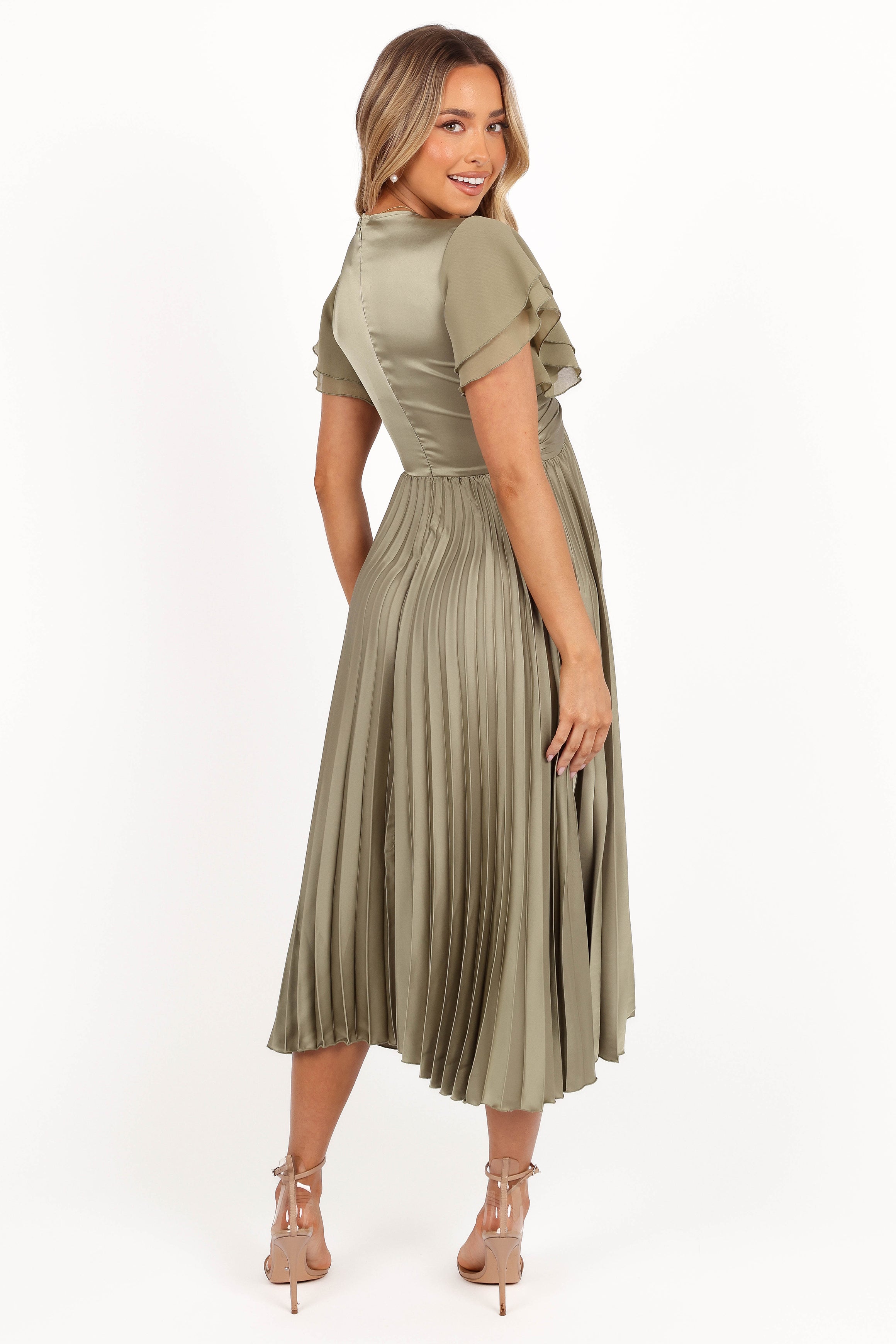 Nova Flutter Sleeve Midi Dress - Olive-Aur Fashion