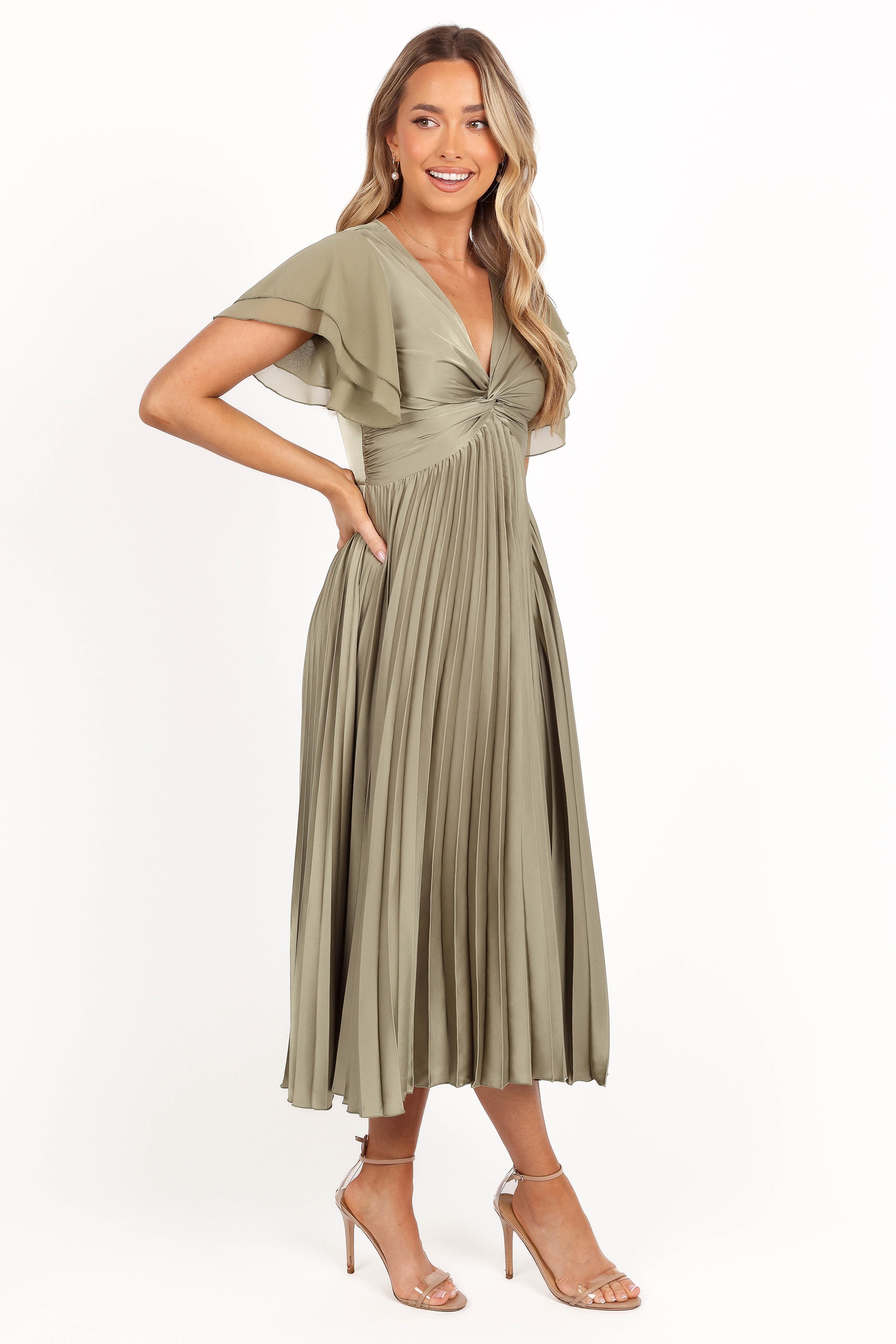 Nova Flutter Sleeve Midi Dress - Olive-Aur Fashion