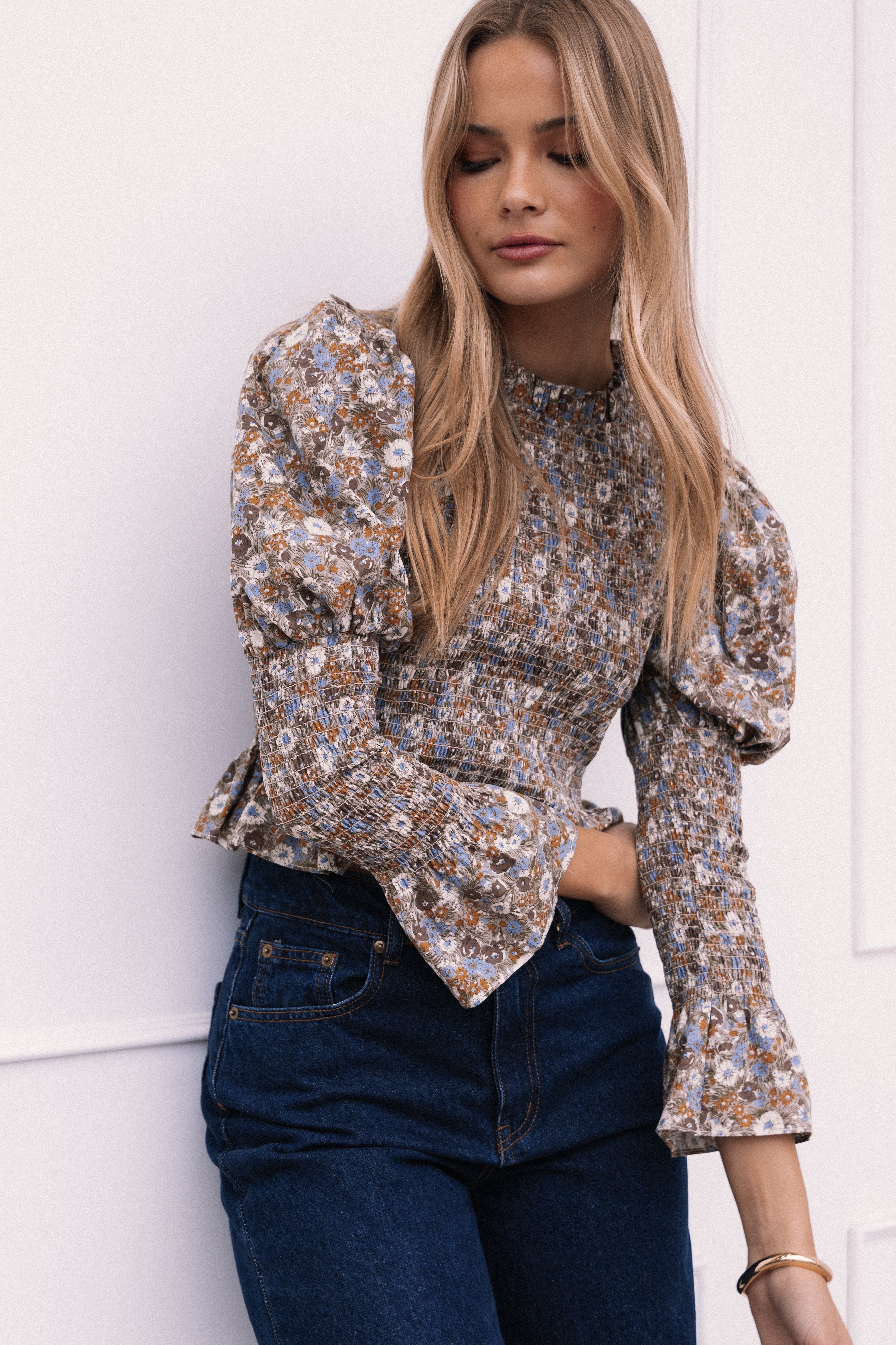 Novah Long Sleeve Top - Olive Floral-Aur Fashion
