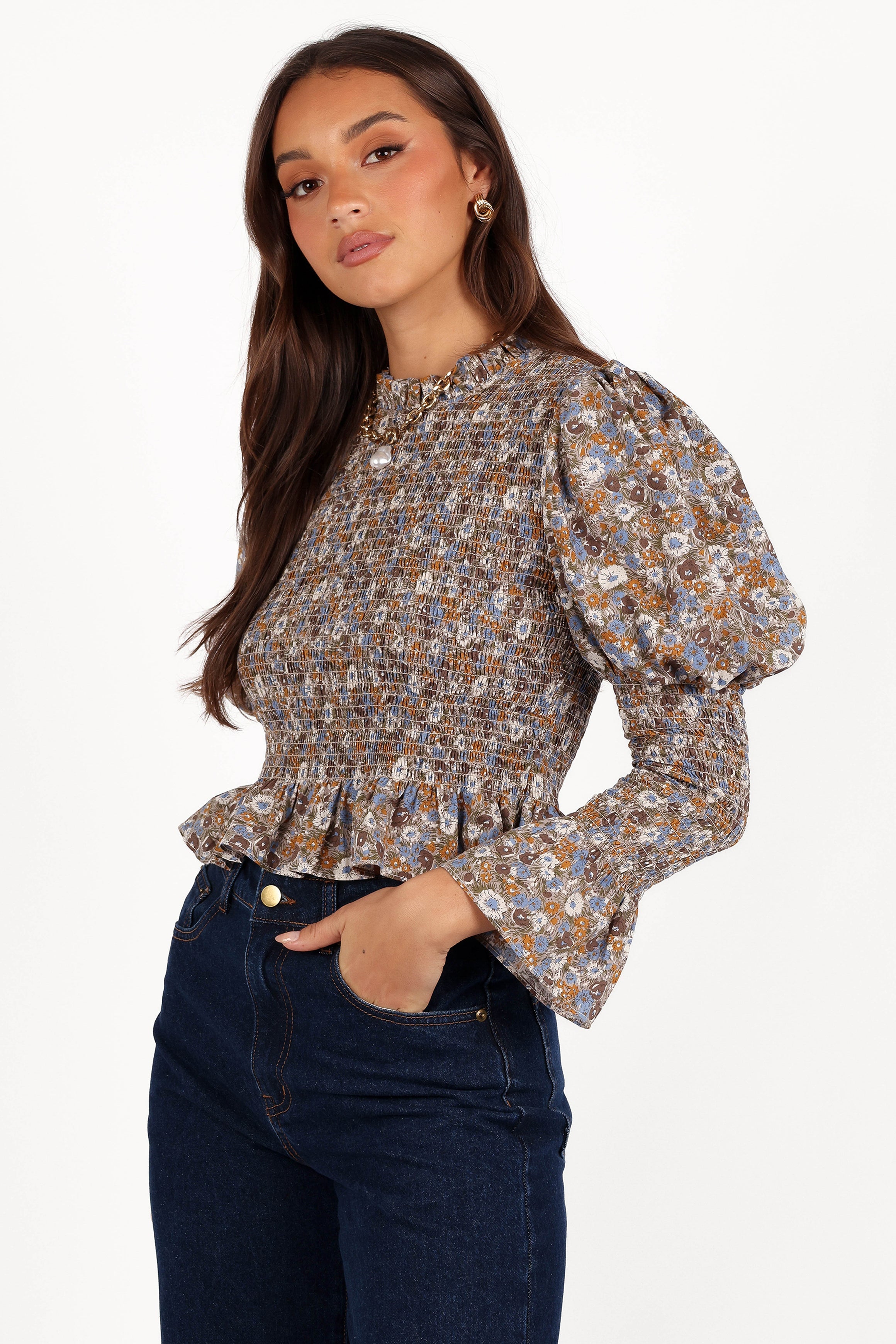 Novah Long Sleeve Top - Olive Floral-Aur Fashion