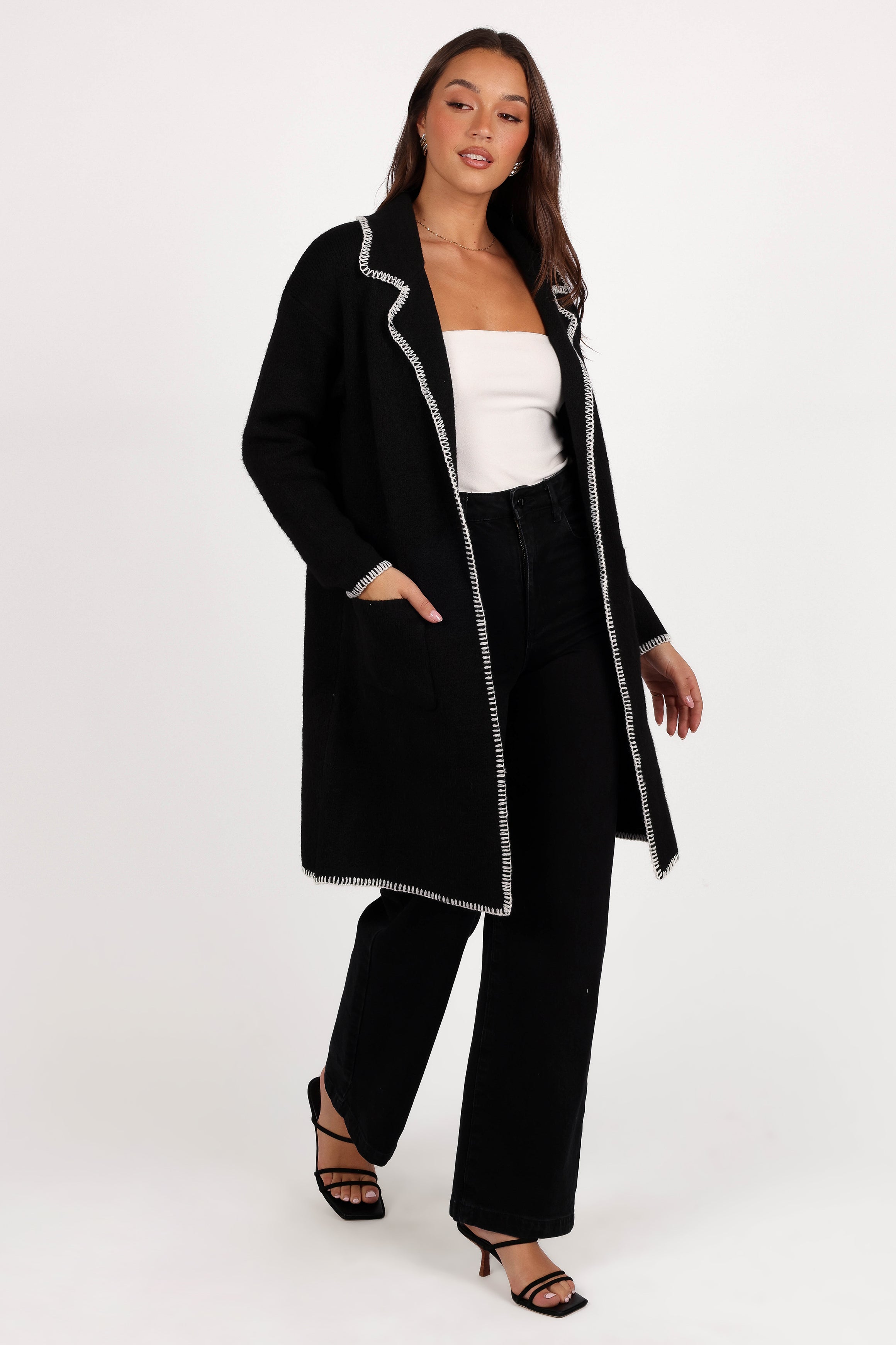 Oaklynn Contrast Stitch Coatigan - Black-Aur Fashion