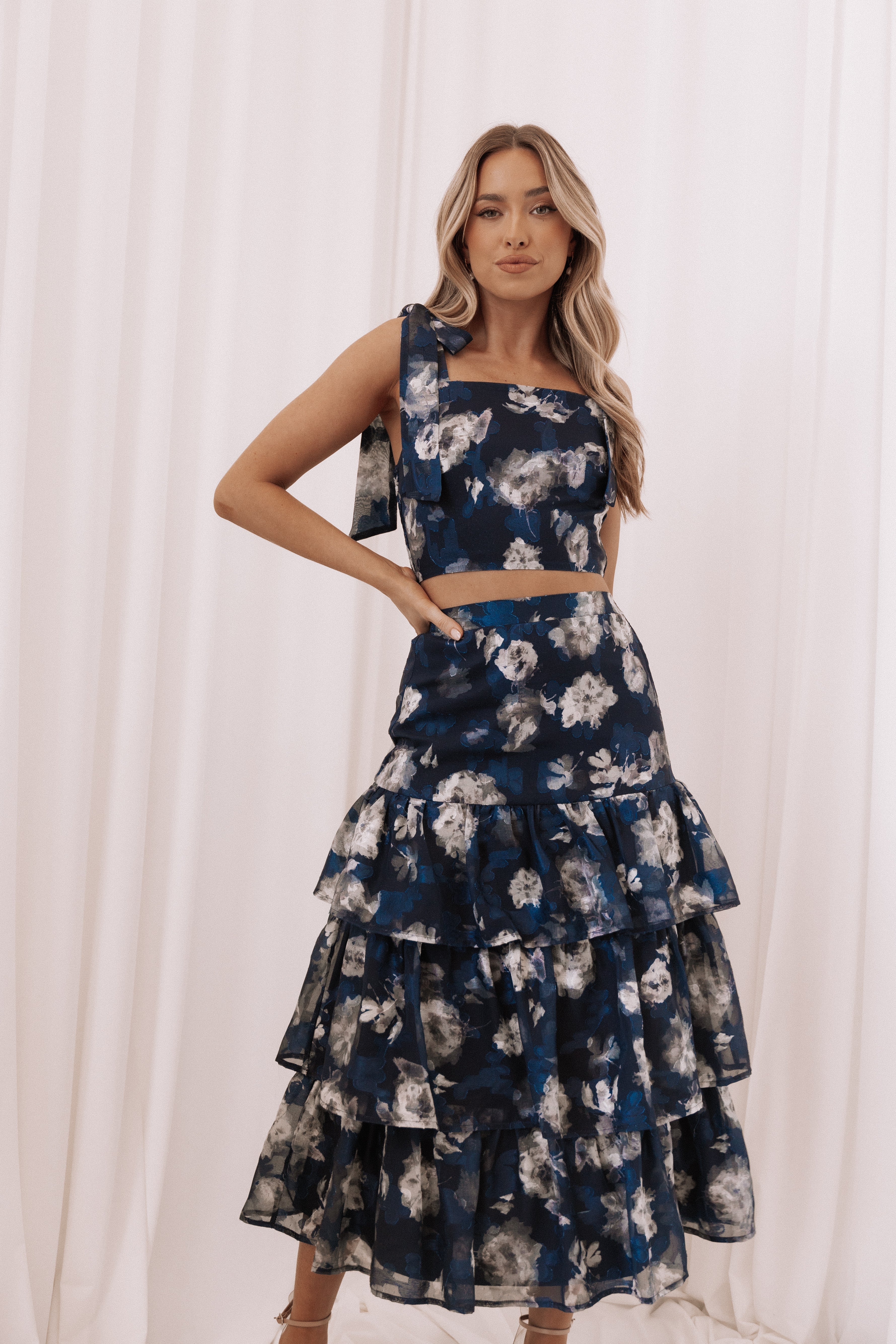 Olivia Two Piece Set - Navy Floral-Aur Fashion