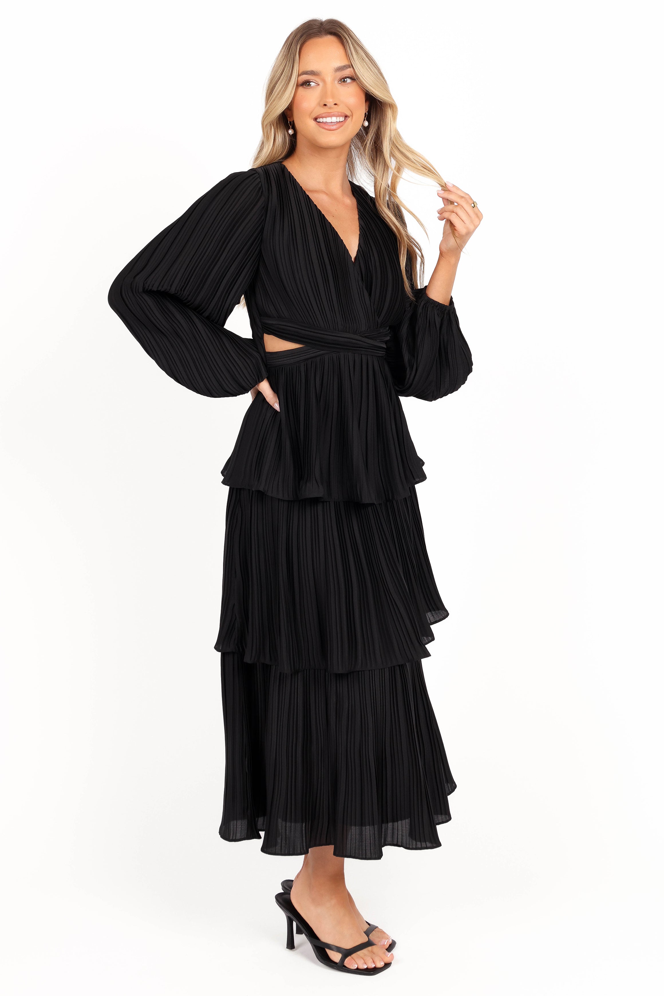 Pippa Long Sleeve Midi Dress - Black-Aur Fashion
