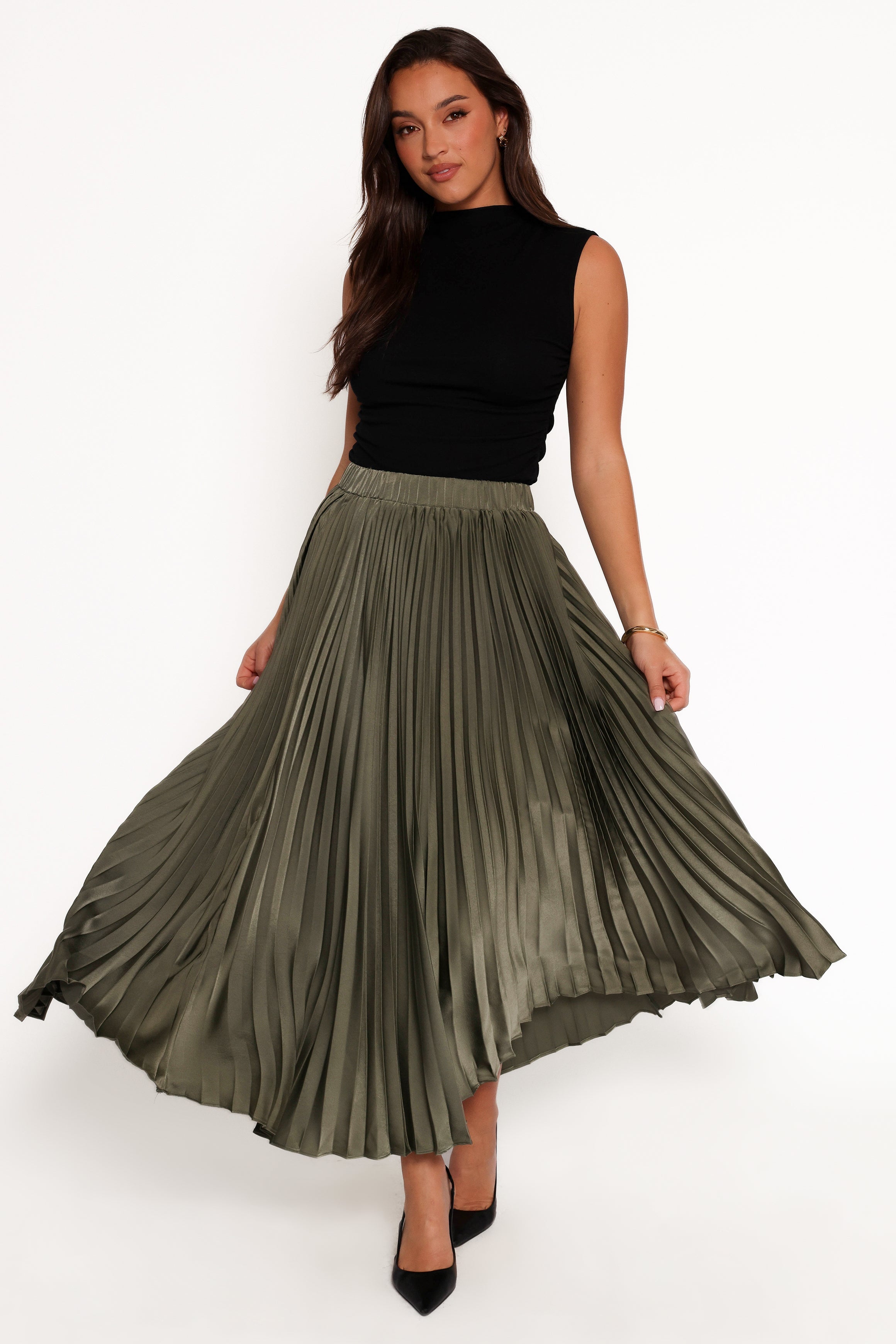 Polina Pleated Maxi Skirt - Olive-Aur Fashion