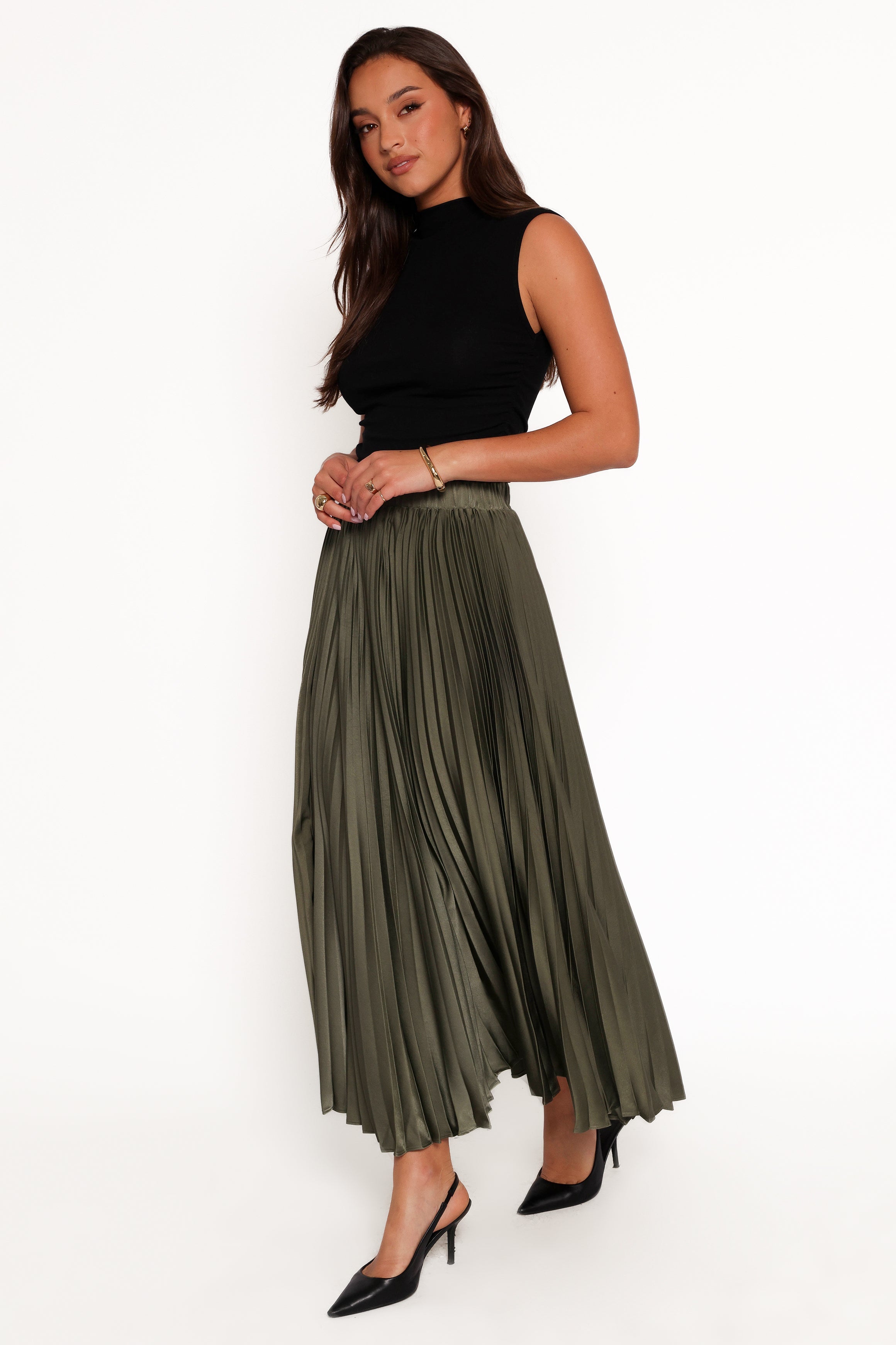 Polina Pleated Maxi Skirt - Olive-Aur Fashion