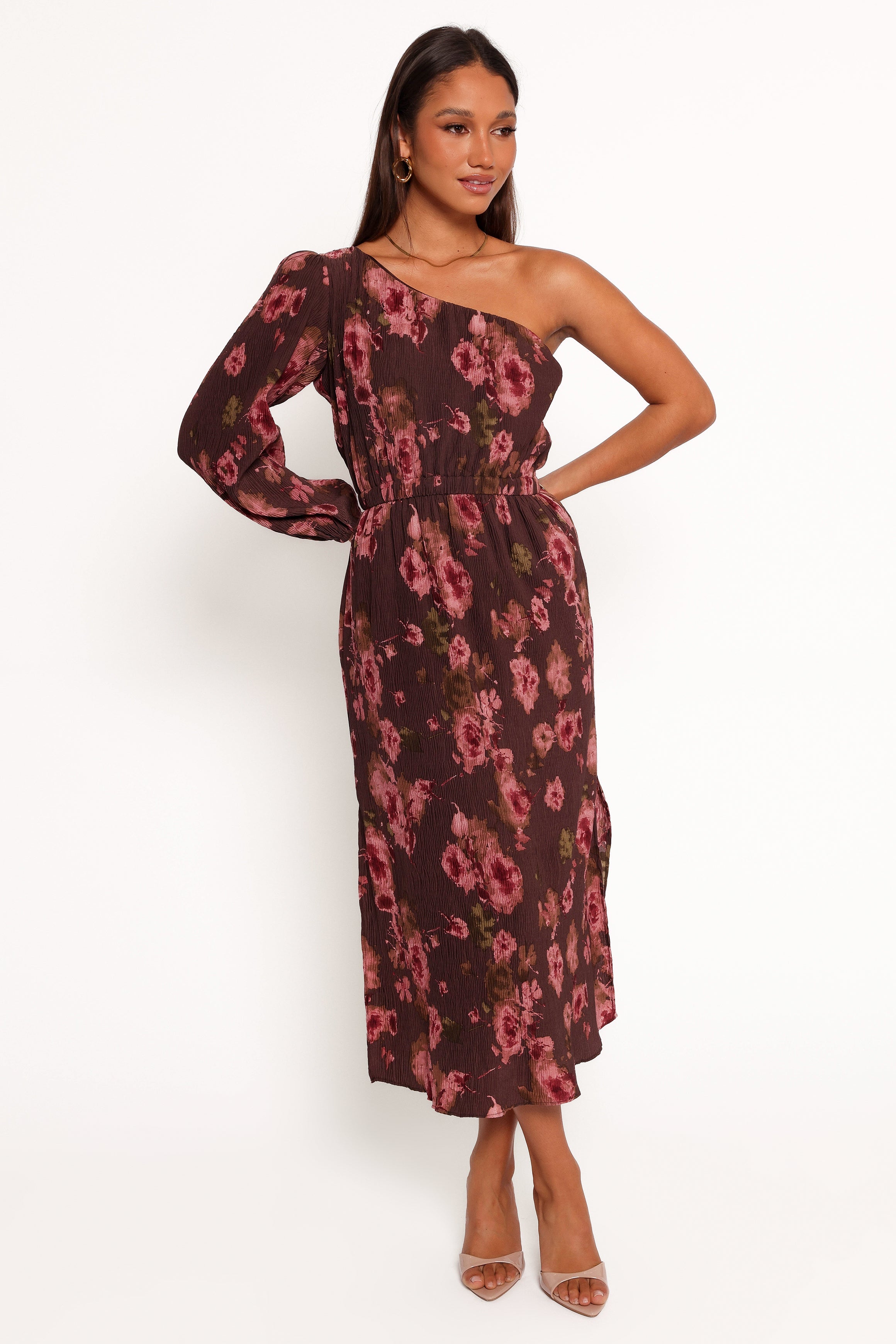 Pontee One Shoulder Pleated Midi Dress - Chocolate Brown-Aur Fashion