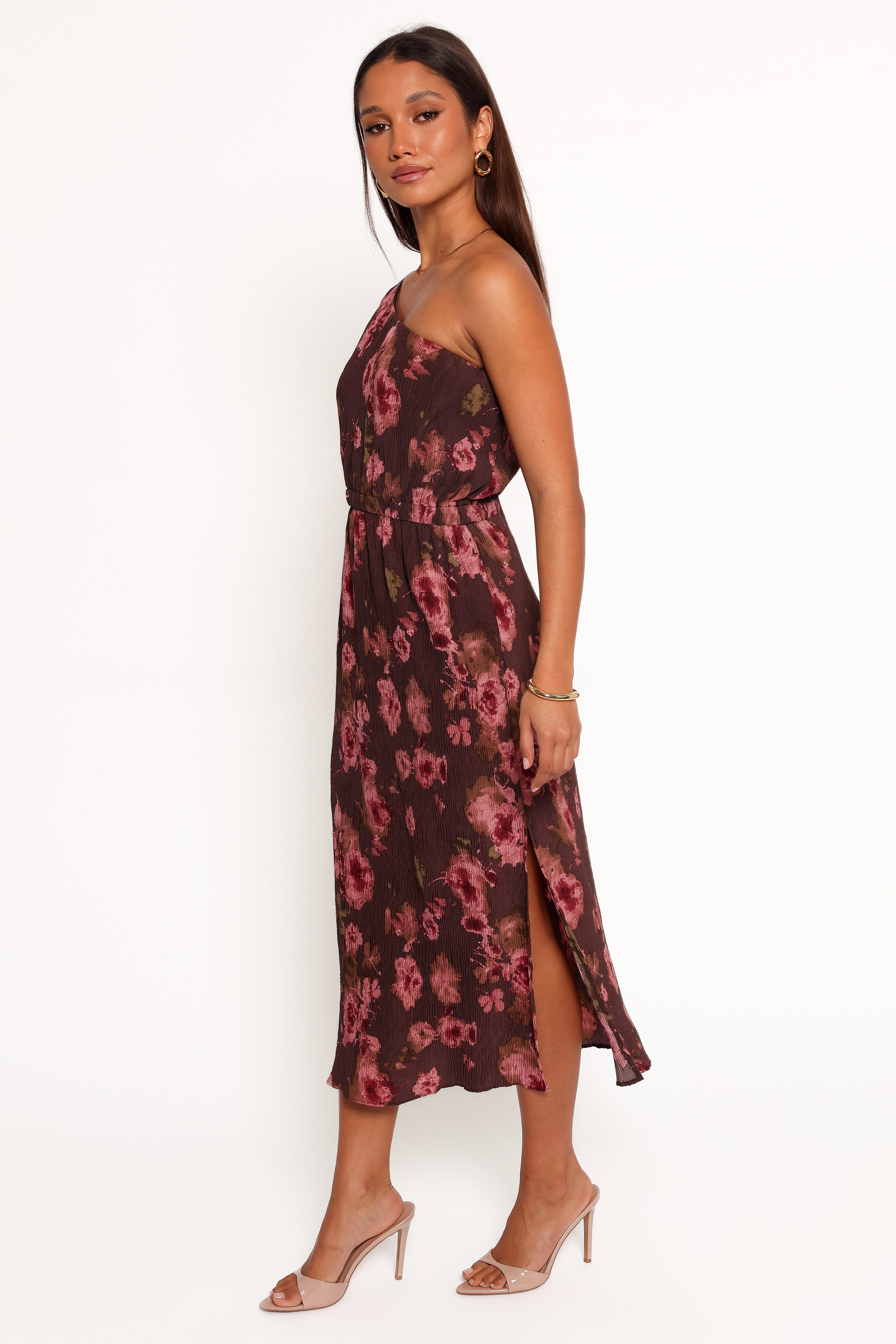Pontee One Shoulder Pleated Midi Dress - Chocolate Brown-Aur Fashion