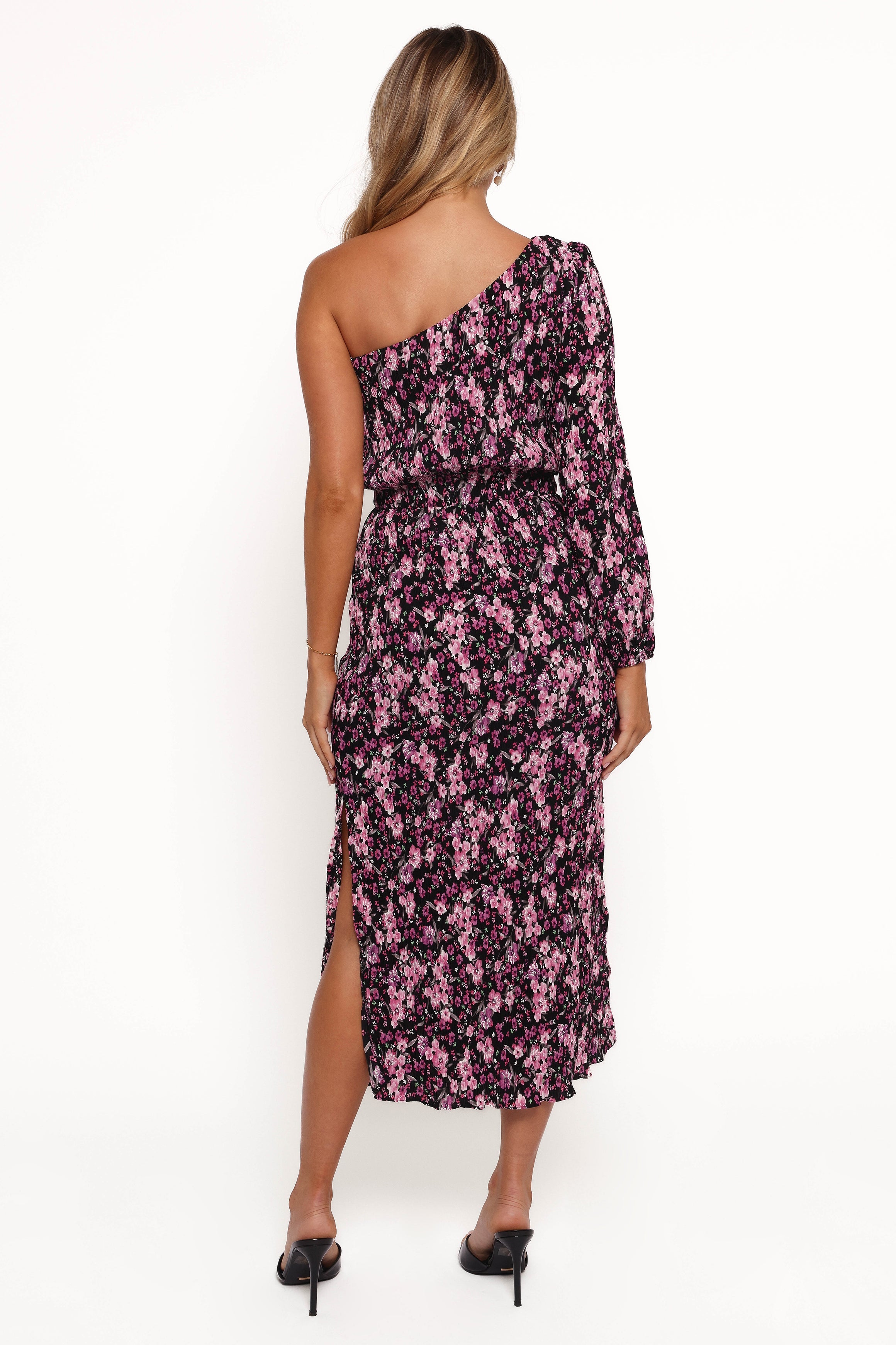 Pontee One Shoulder Pleated Midi Dress - Black/Purple-Aur Fashion