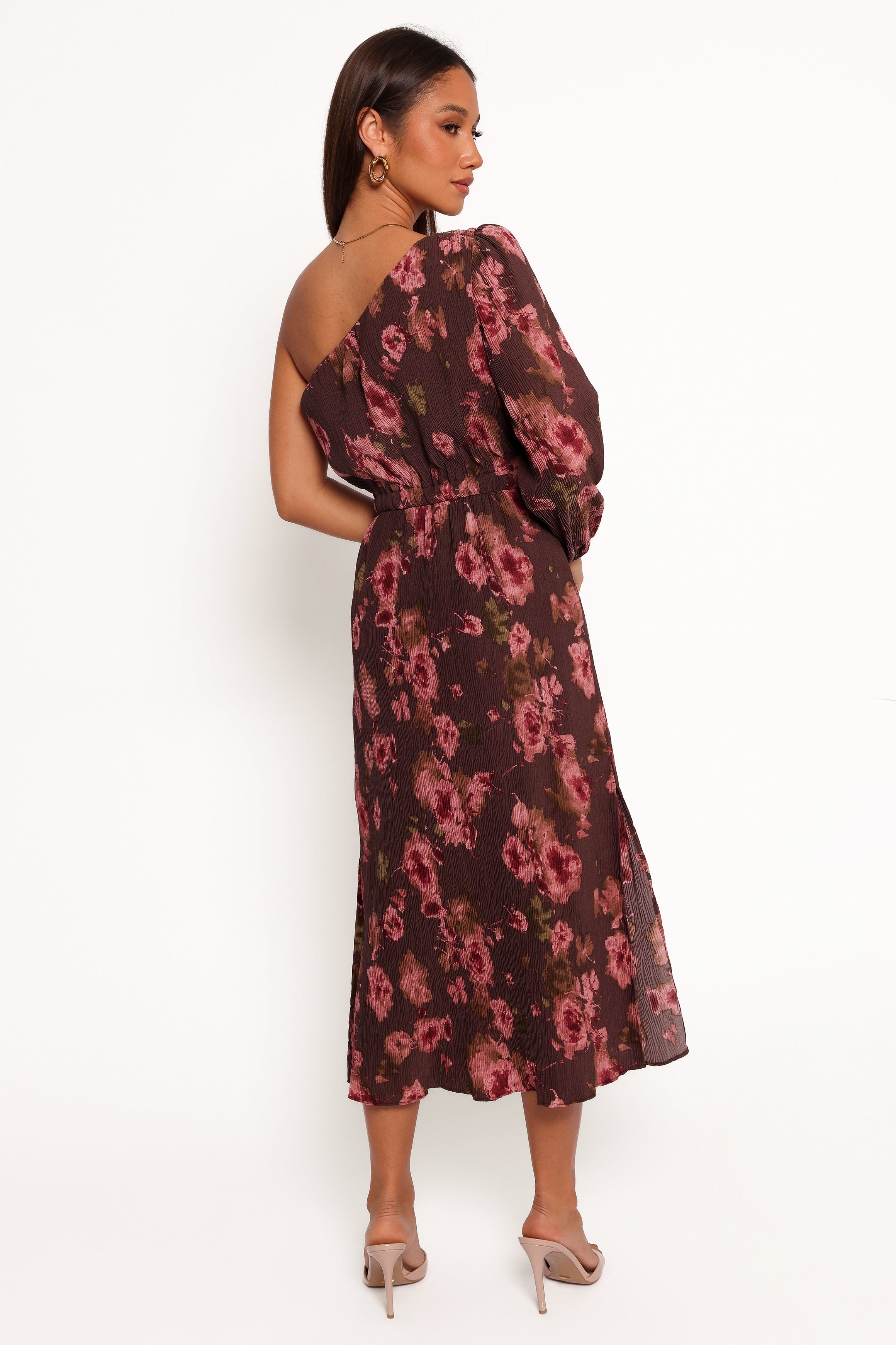 Pontee One Shoulder Pleated Midi Dress - Chocolate Brown-Aur Fashion