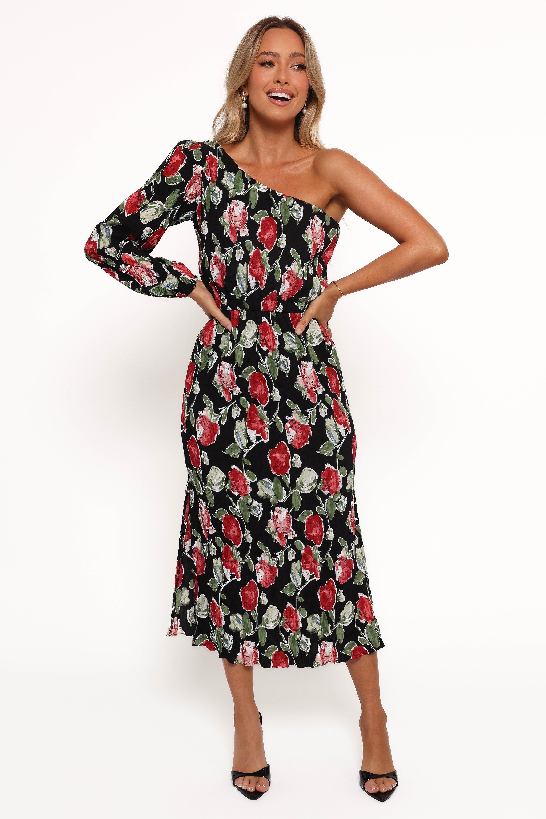 Pontee One Shoulder Pleated Midi Dress - Black Rose Print-Aur Fashion
