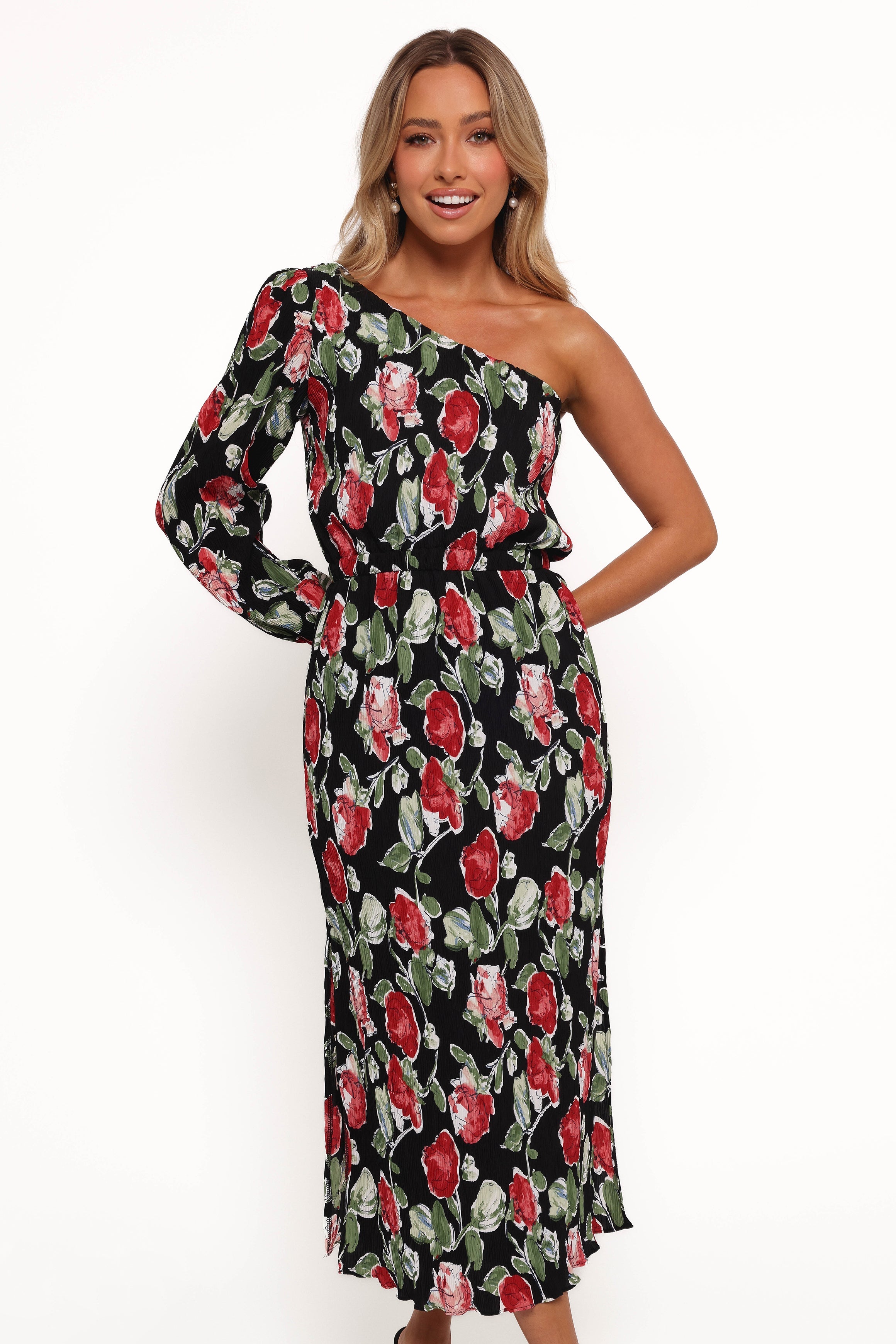 Pontee One Shoulder Pleated Midi Dress - Black Rose Print-Aur Fashion