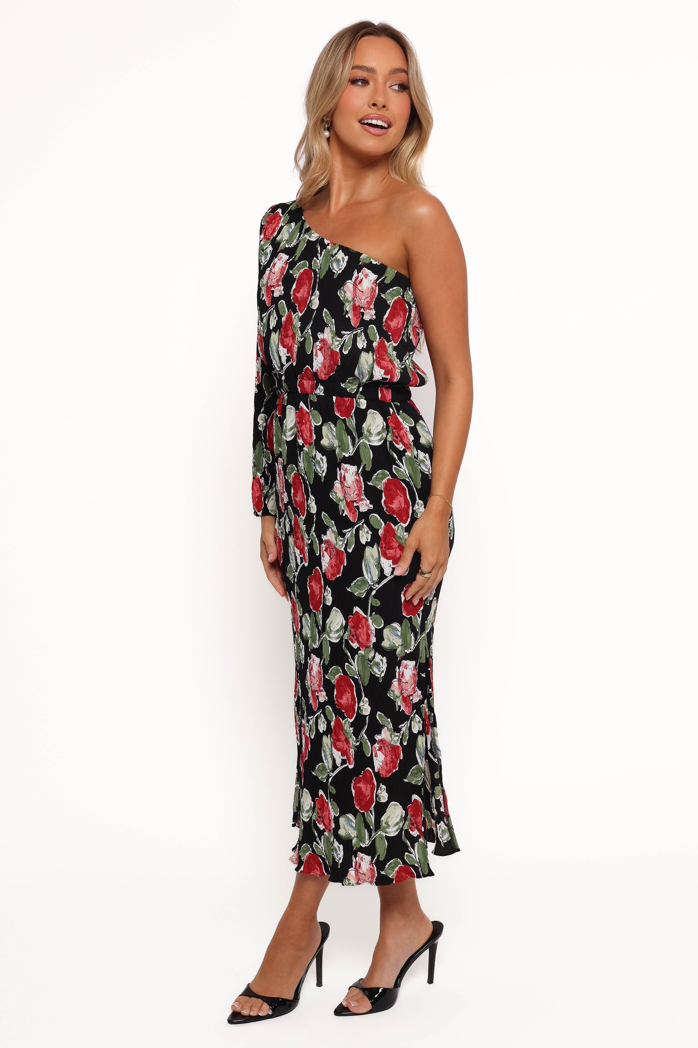 Pontee One Shoulder Pleated Midi Dress - Black Rose Print-Aur Fashion