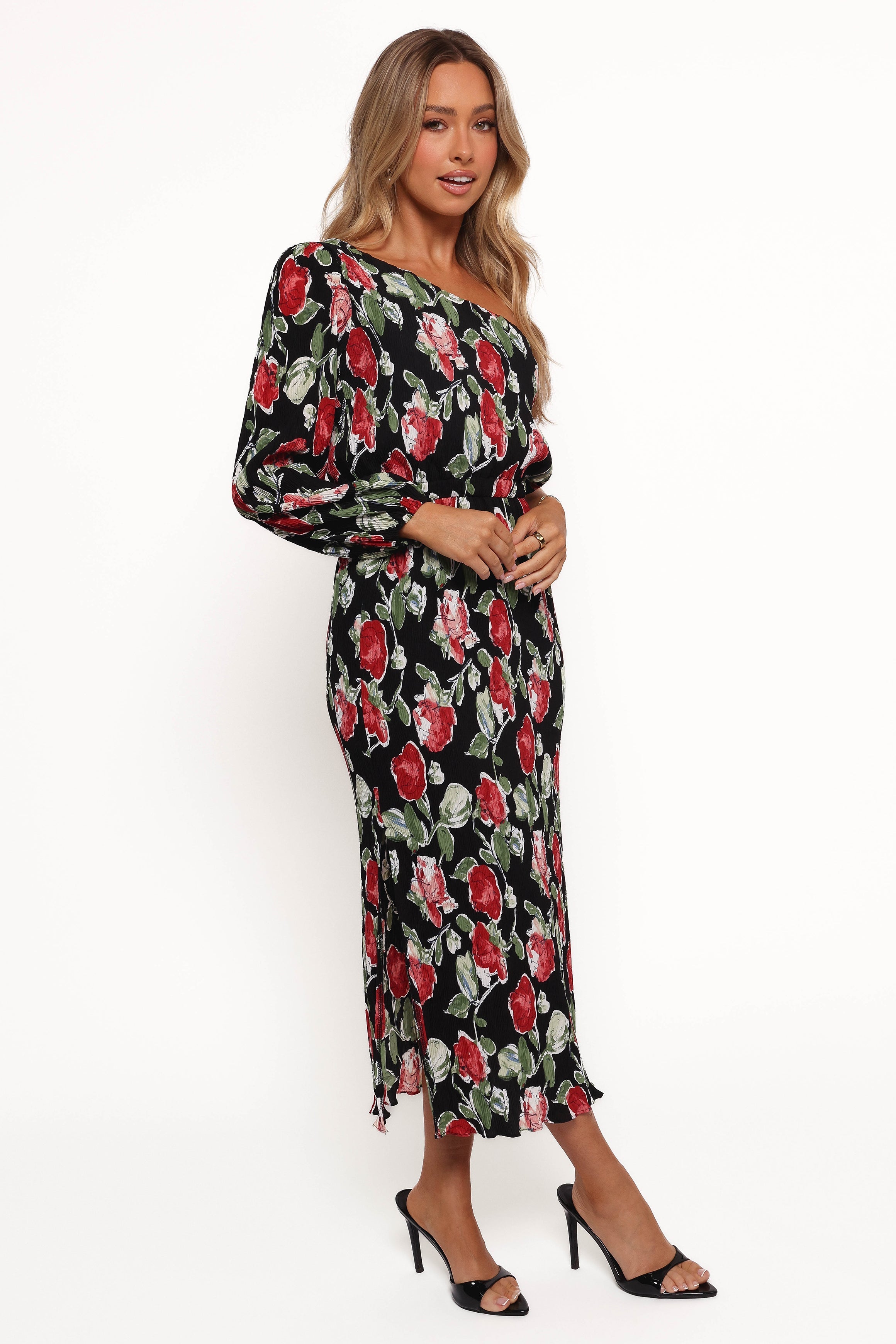 Pontee One Shoulder Pleated Midi Dress - Black Rose Print-Aur Fashion