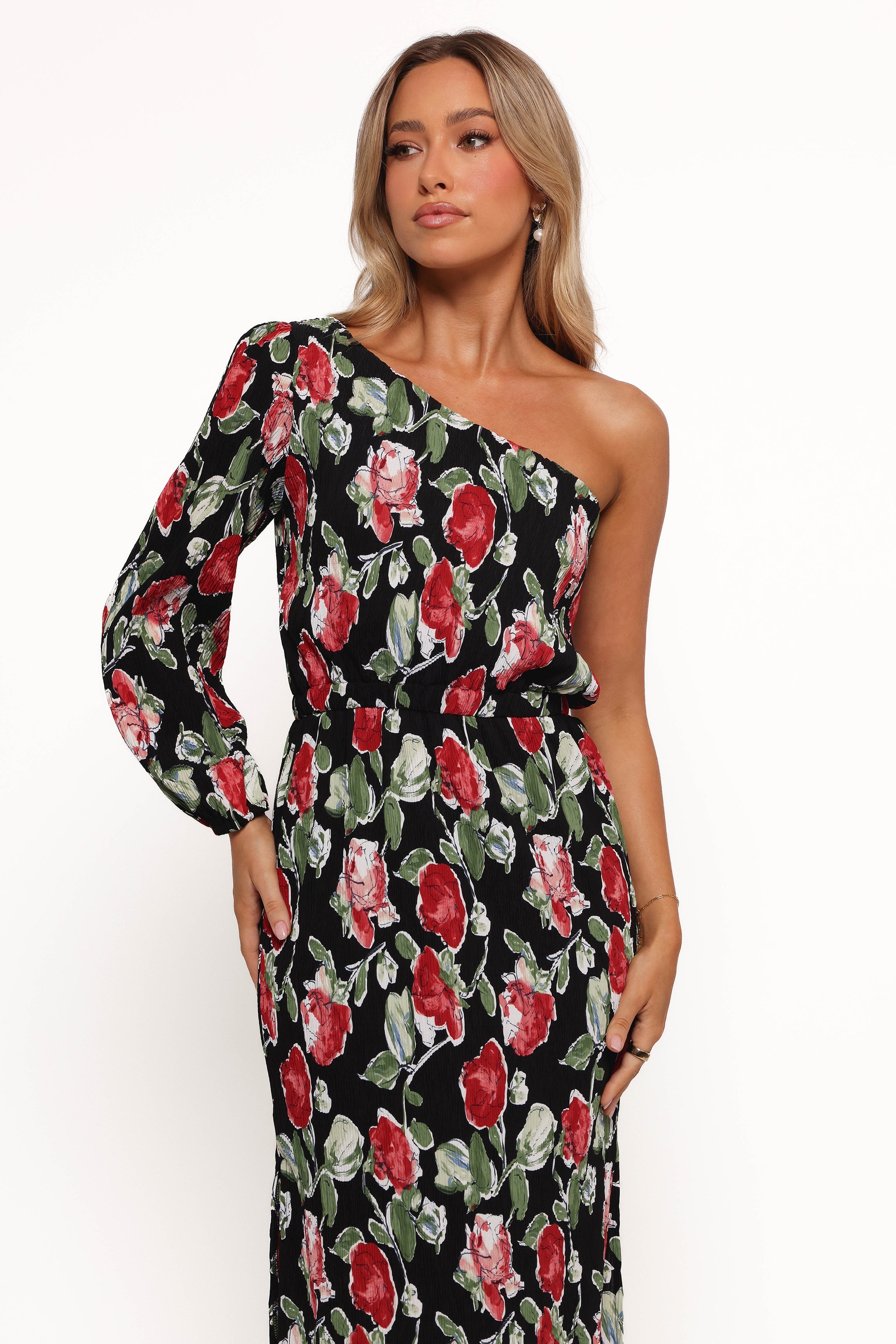 Pontee One Shoulder Pleated Midi Dress - Black Rose Print-Aur Fashion