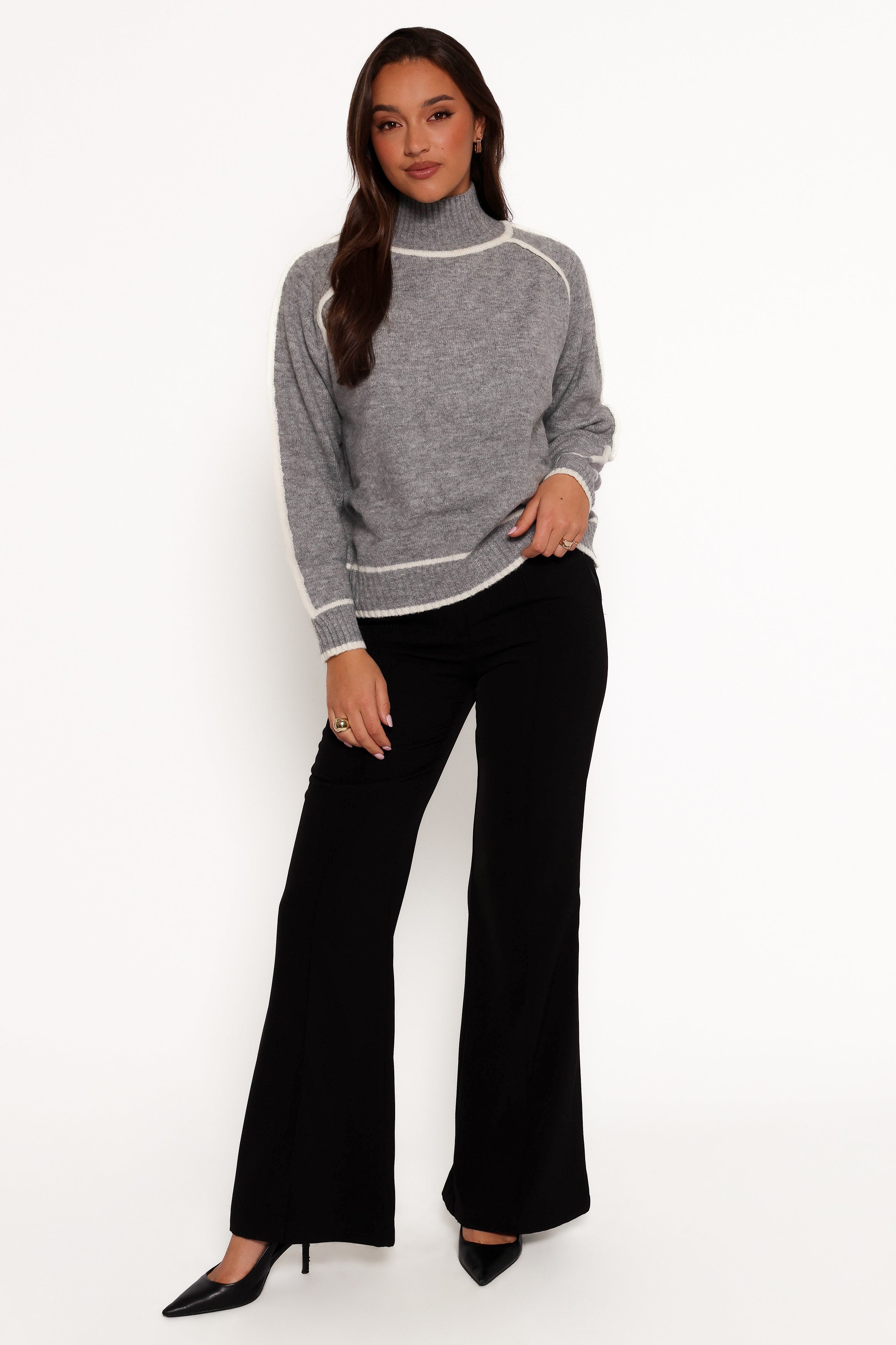 Rylee Contrast Hem Knit Sweater - Grey-Aur Fashion