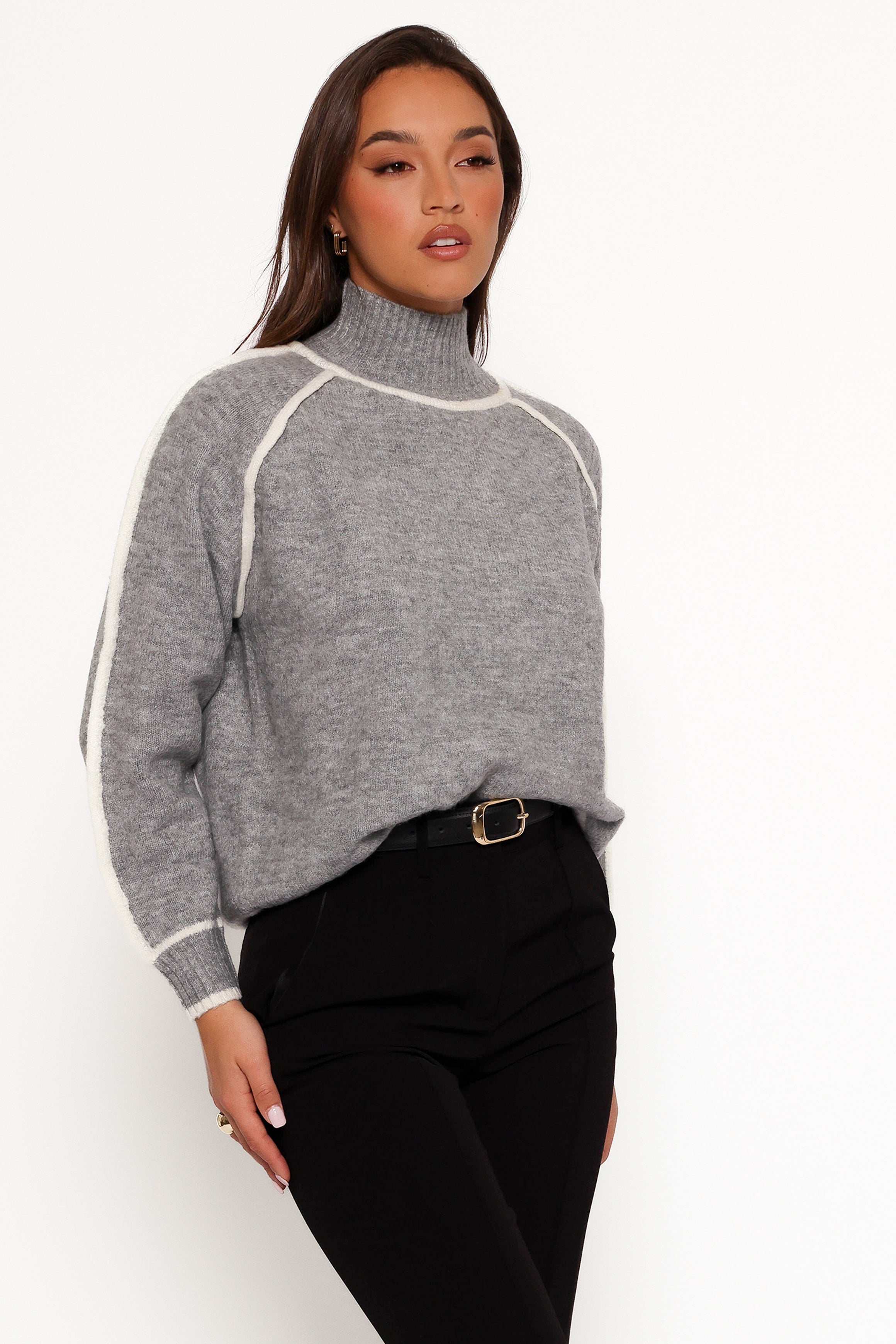 Rylee Contrast Hem Knit Sweater - Grey-Aur Fashion