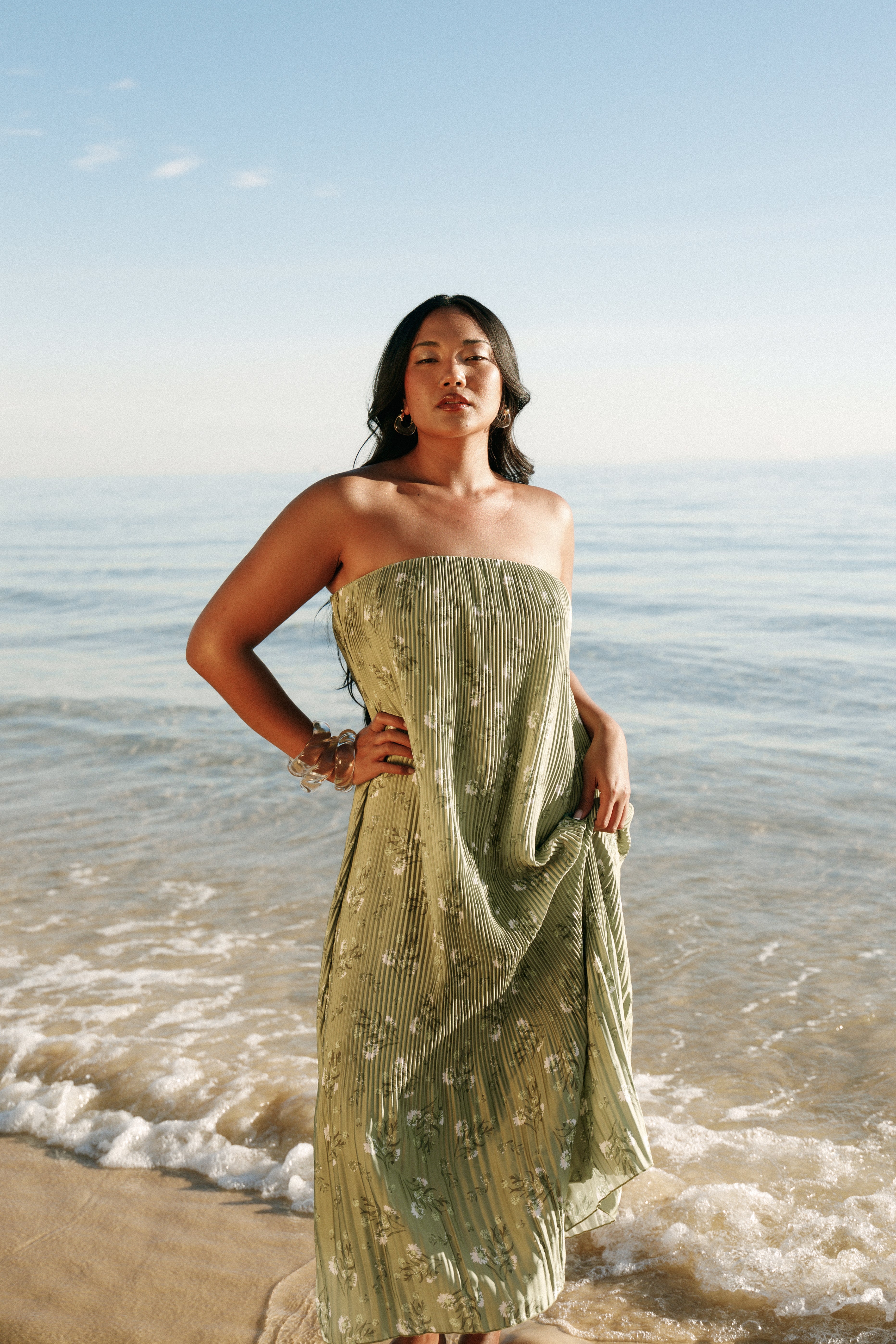 Sylvie Strapless Midi Dress - Sage Botanical-Aur Fashion