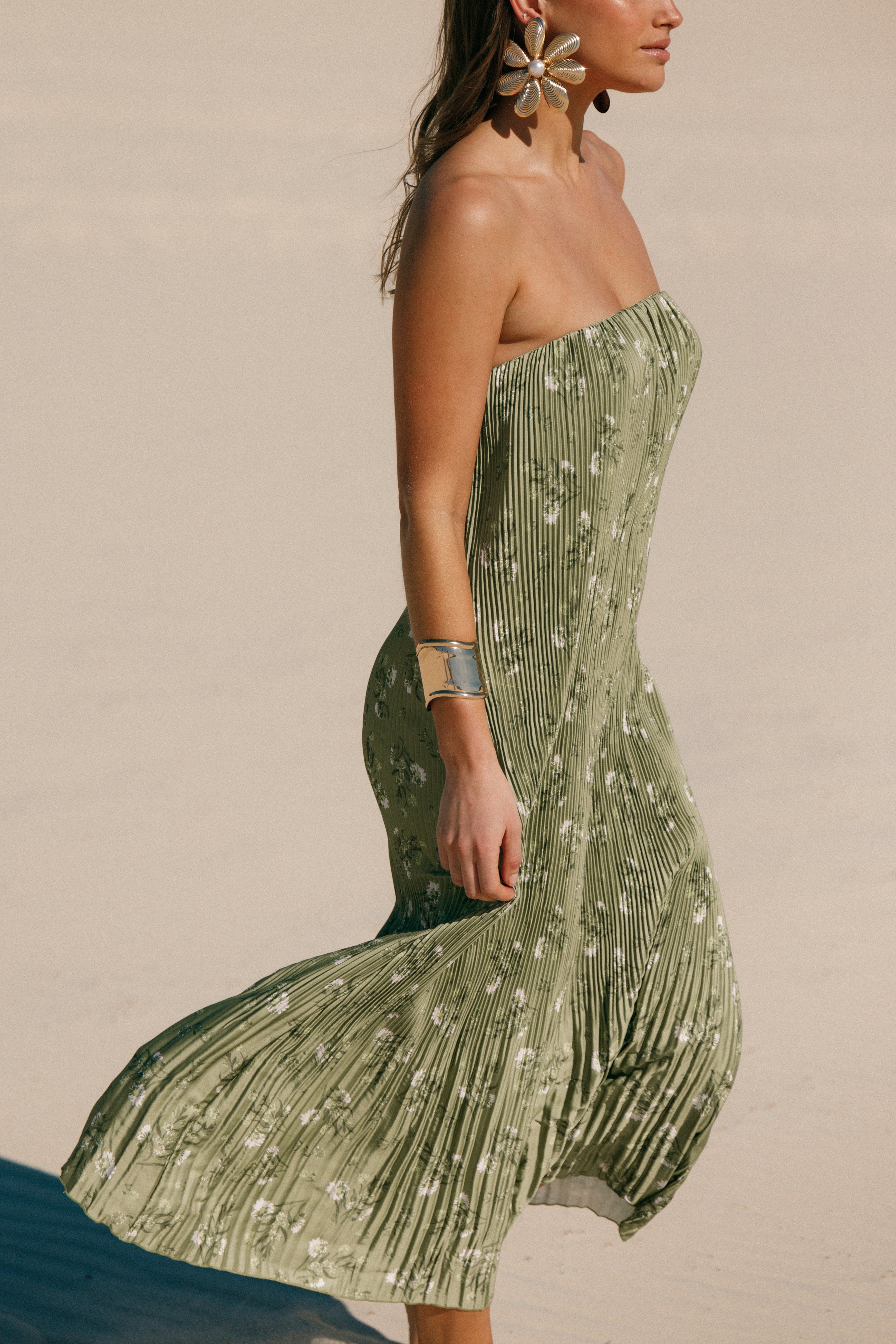 Sylvie Strapless Midi Dress - Sage Botanical-Aur Fashion