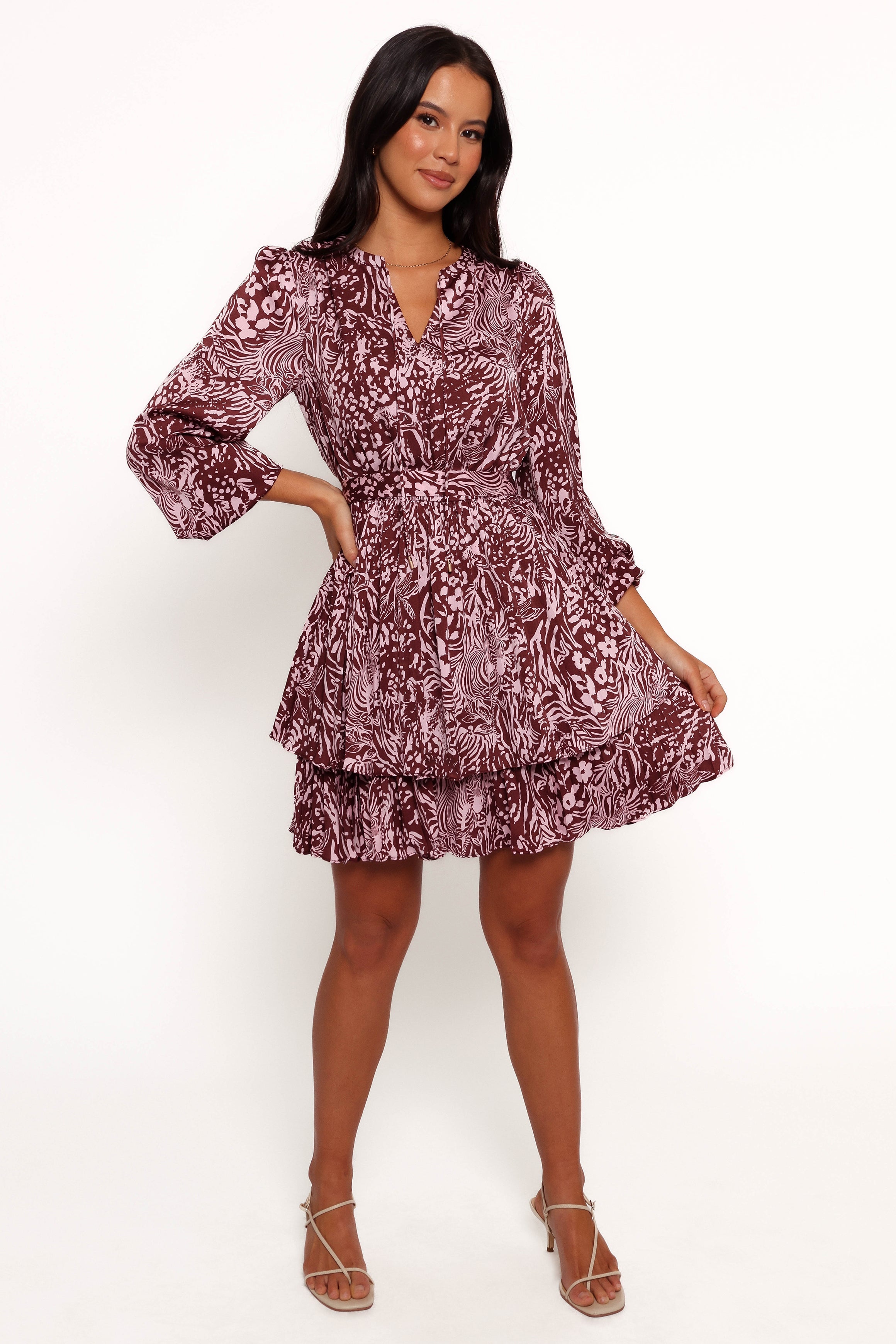 Wrenley Long Sleeve Mini Dress - Chocolate/Pink-Aur Fashion