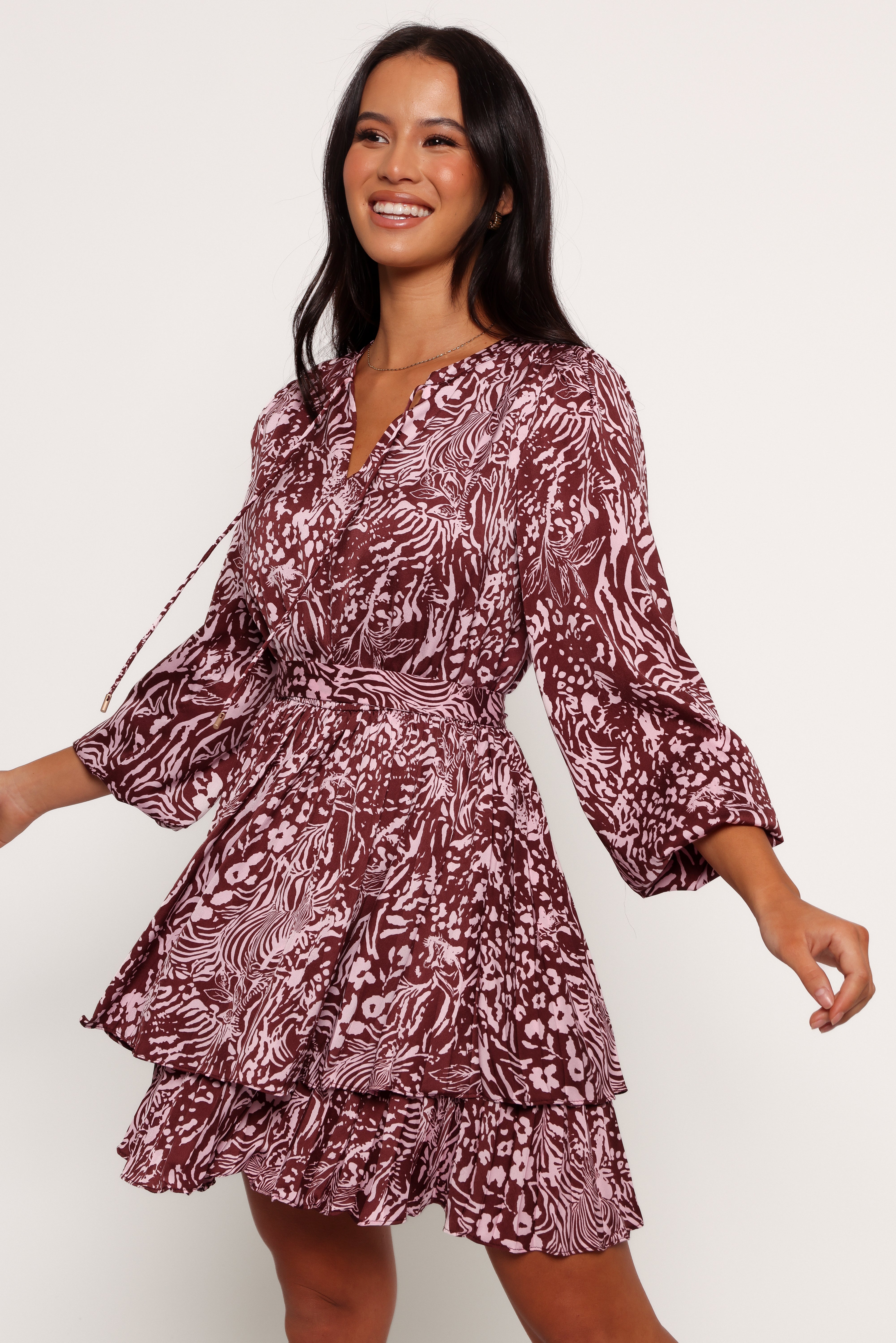 Wrenley Long Sleeve Mini Dress - Chocolate/Pink-Aur Fashion