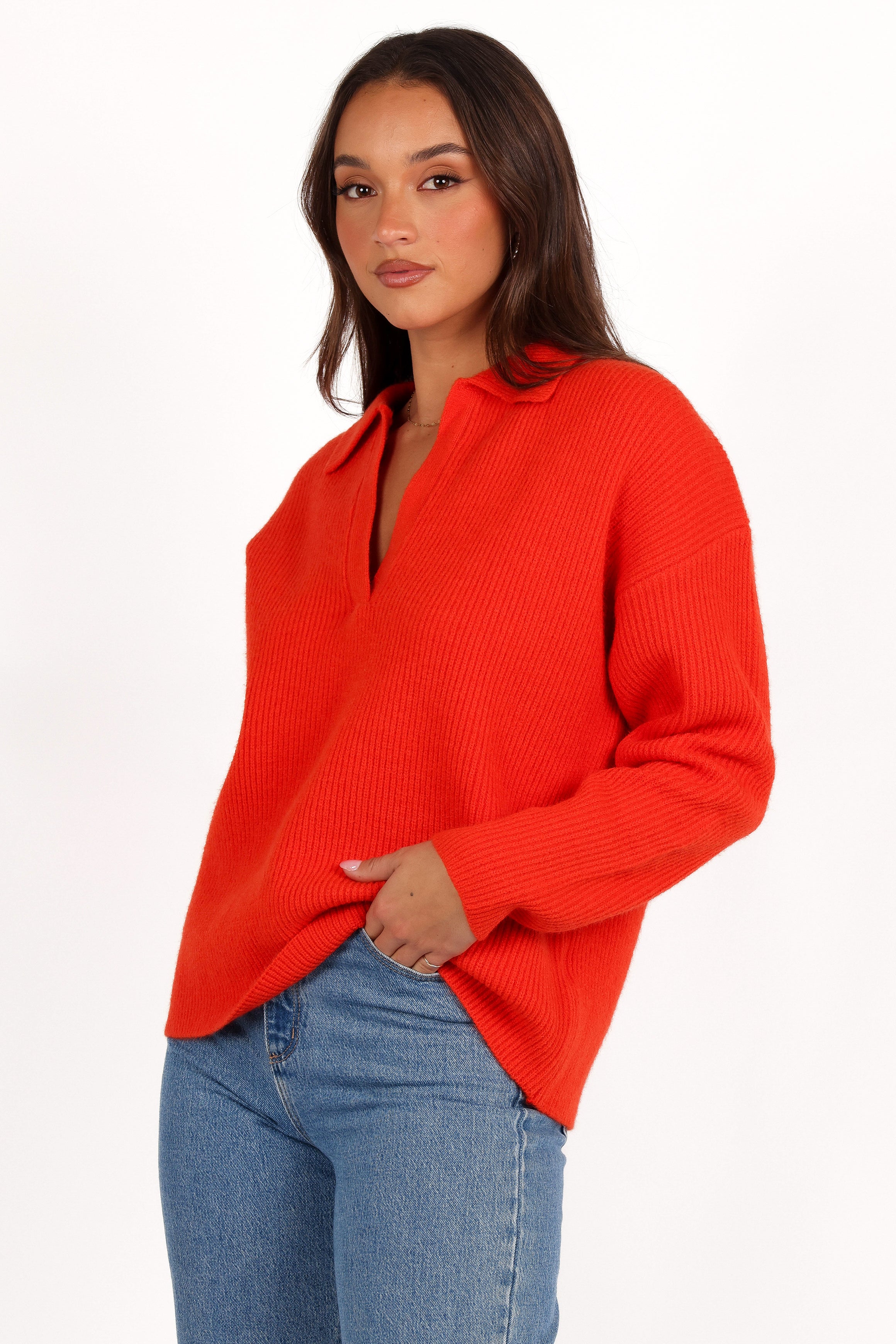 Zala Vneck Collar Knit Sweater - Red-Aur Fashion