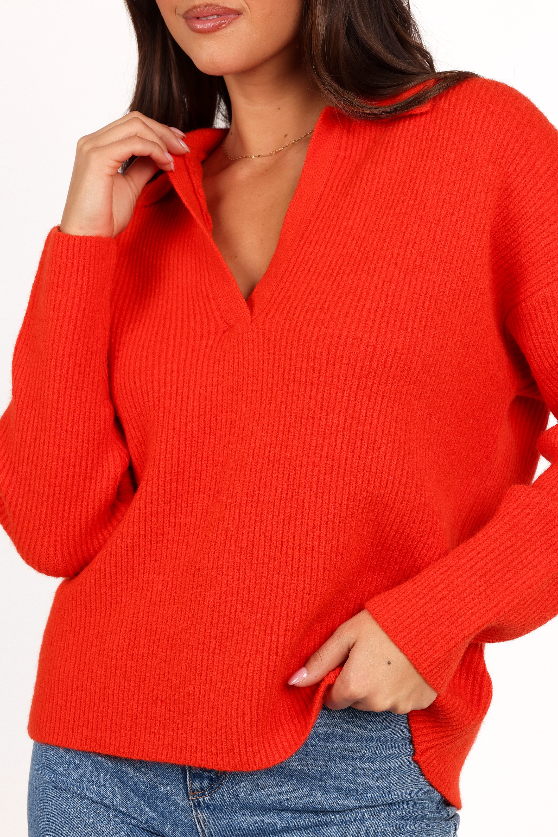 Zala Vneck Collar Knit Sweater - Red-Aur Fashion