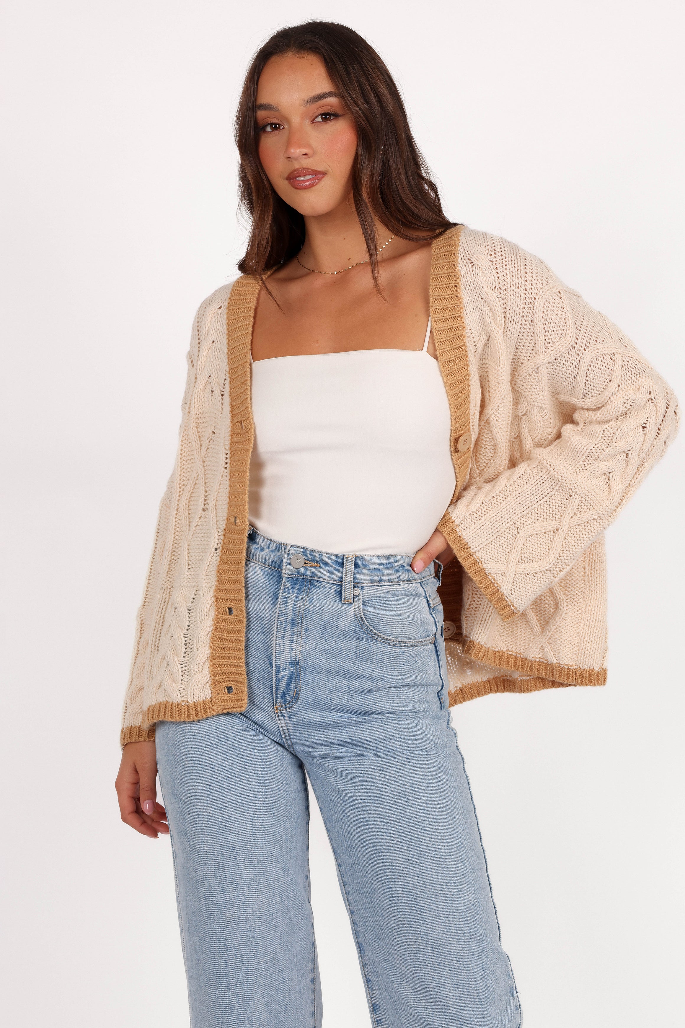 Zina Contrast Cardigan - Tan-Aur Fashion