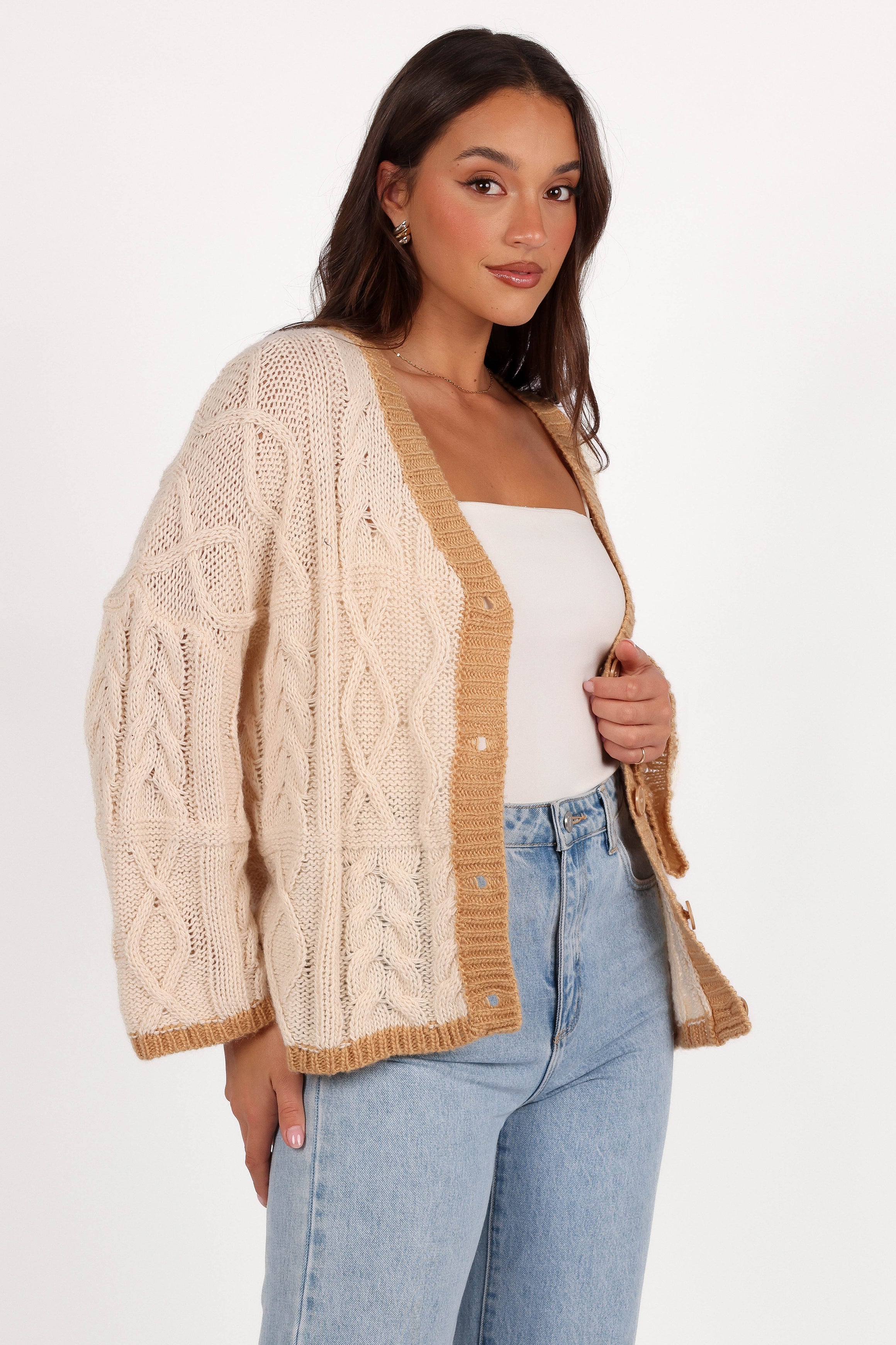 Zina Contrast Cardigan - Tan-Aur Fashion