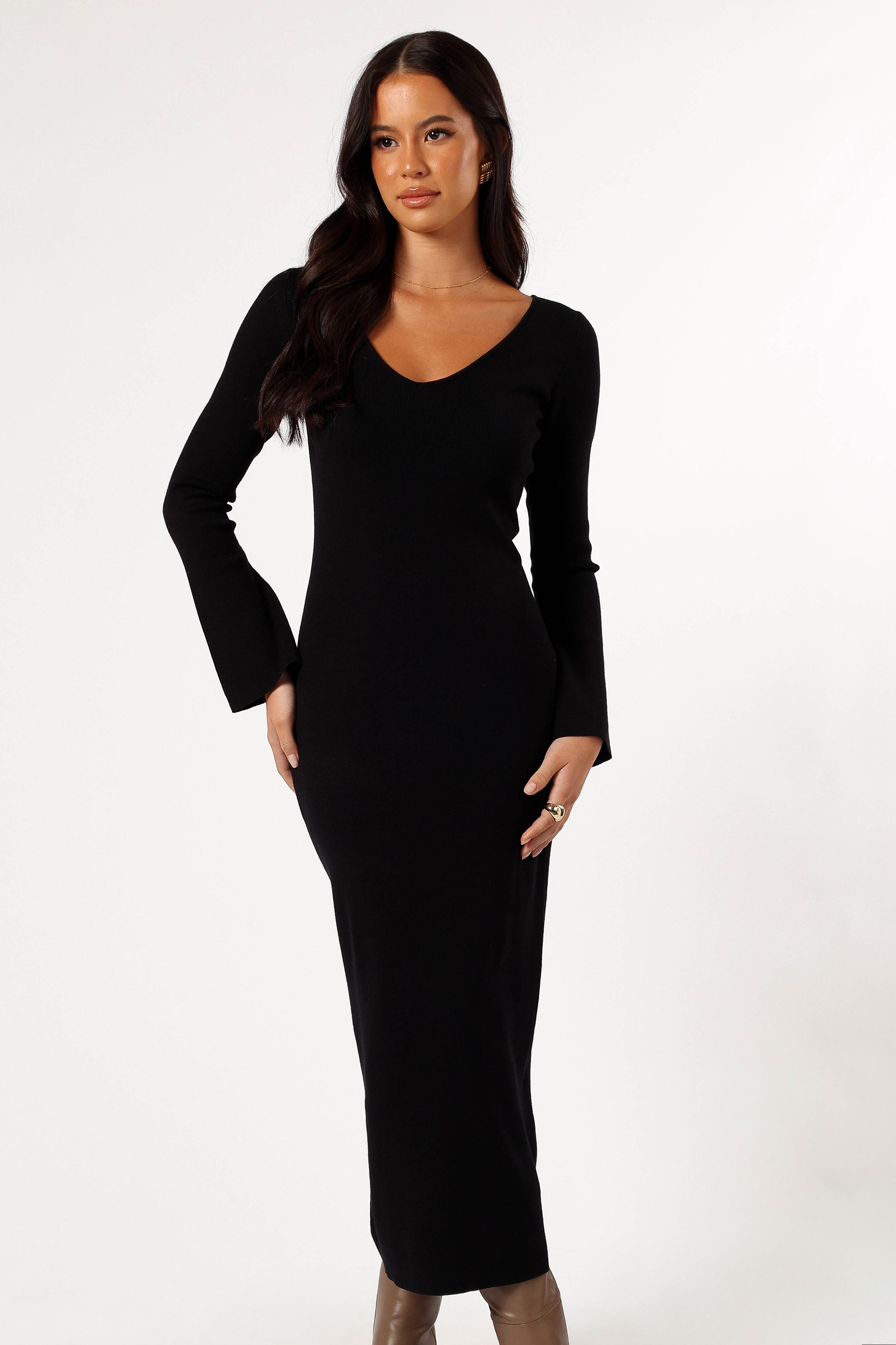 Lina Long Sleeve Midi Dress - Black-Aur Fashion