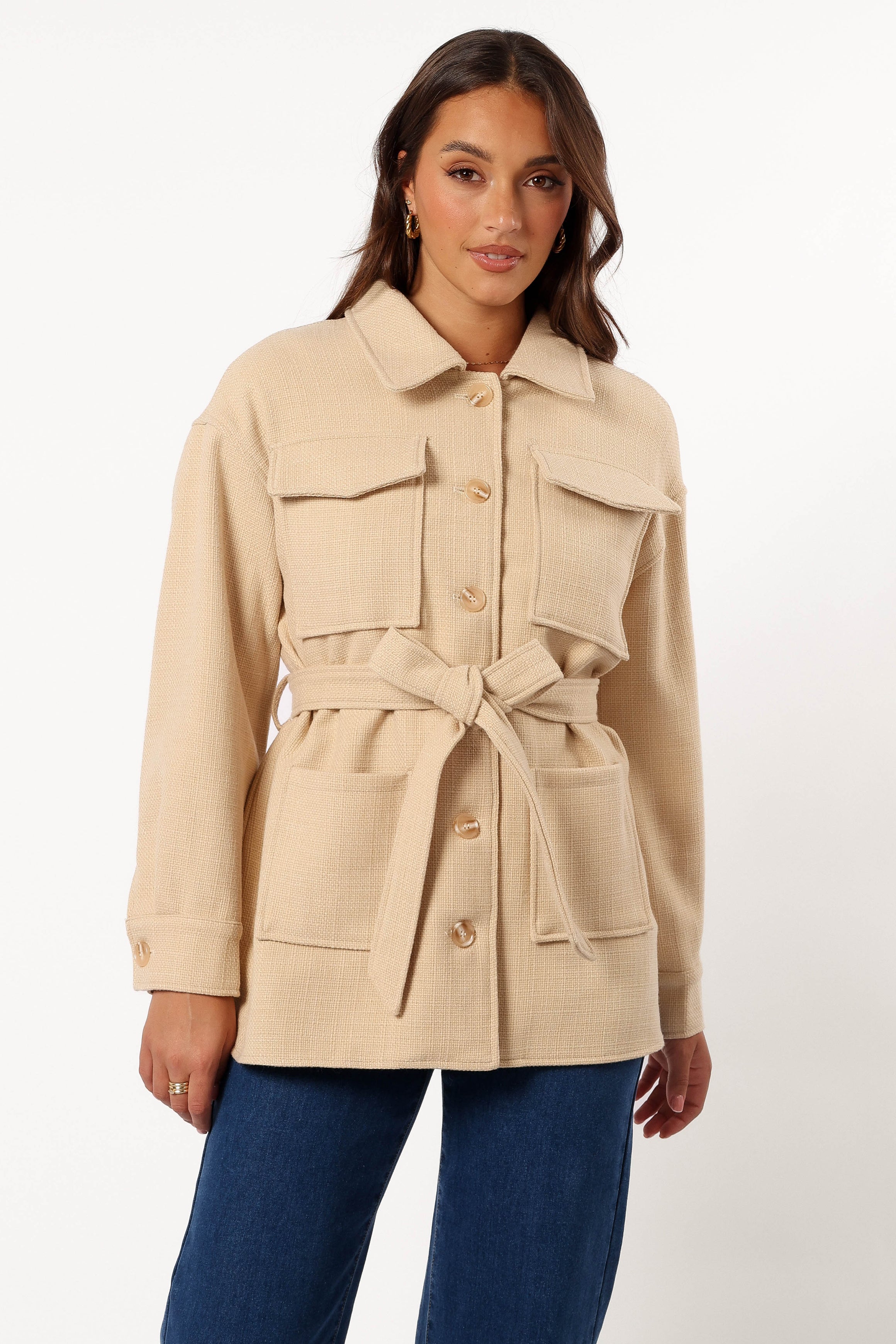 Arlow Tie Front Shacket - Cream-Aur Fashion