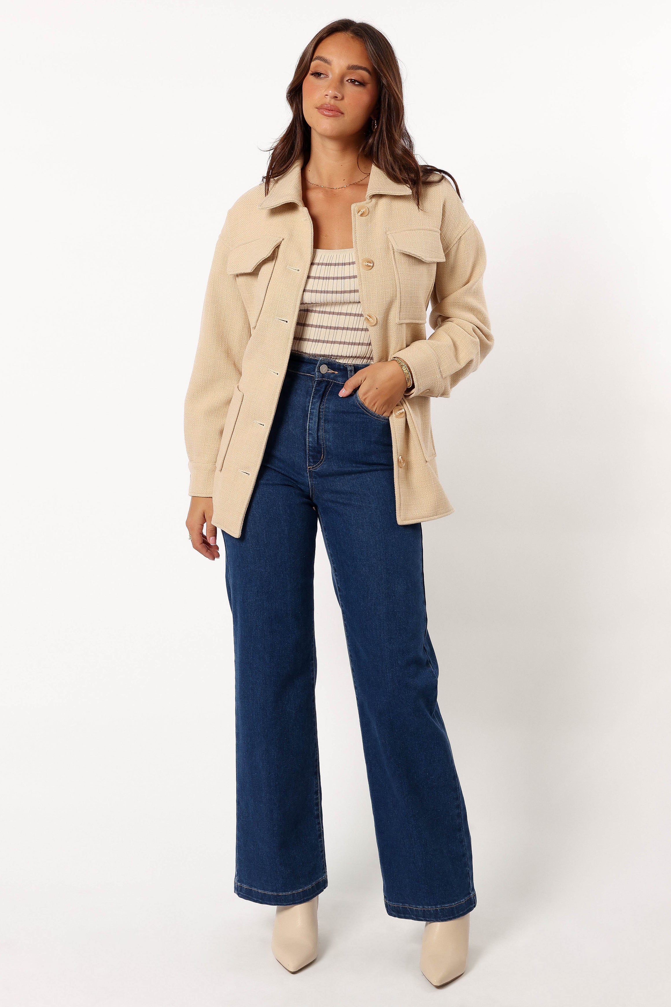 Arlow Tie Front Shacket - Cream-Aur Fashion