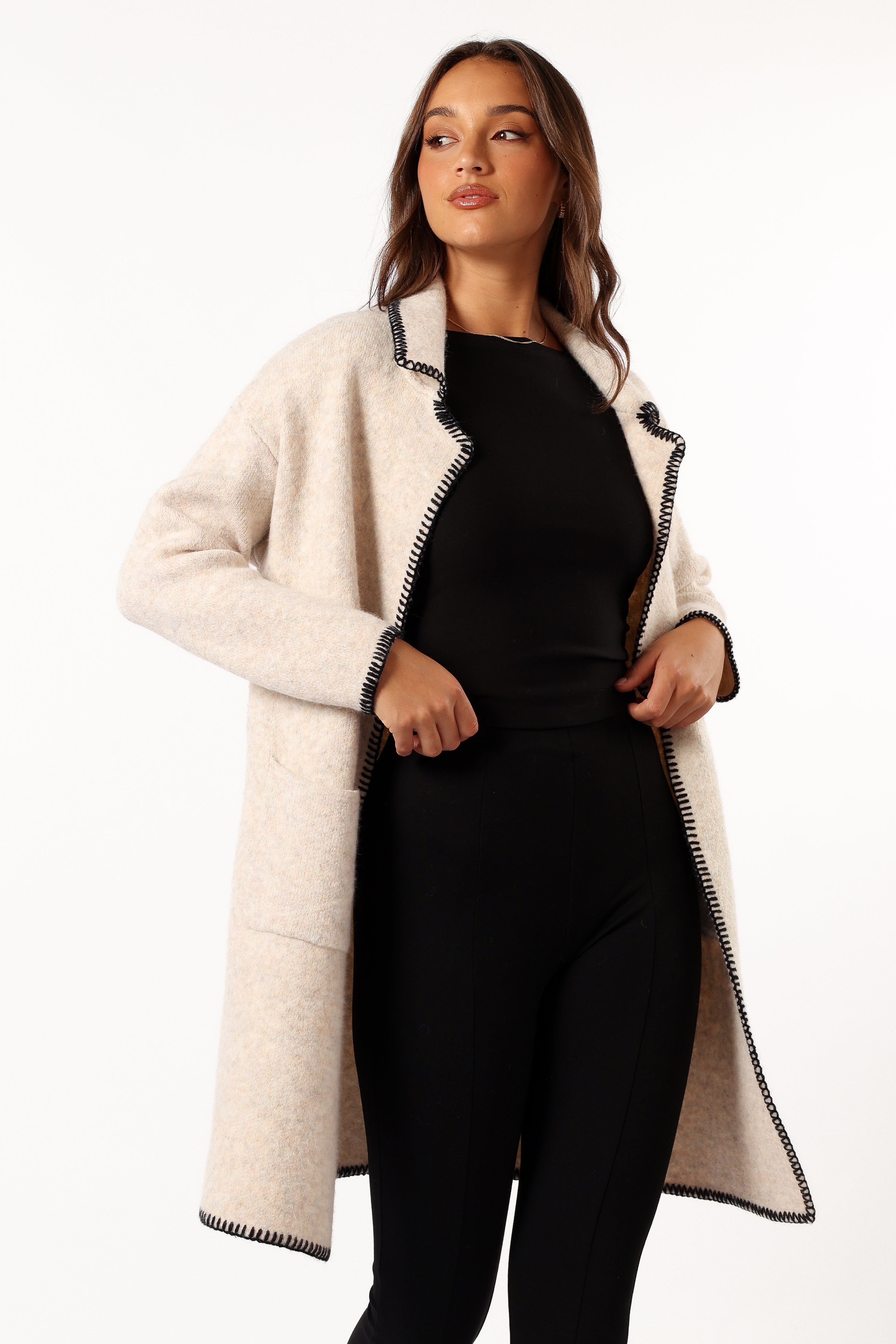 Oaklynn Contrast Stitch Coatigan - Oat-Aur Fashion
