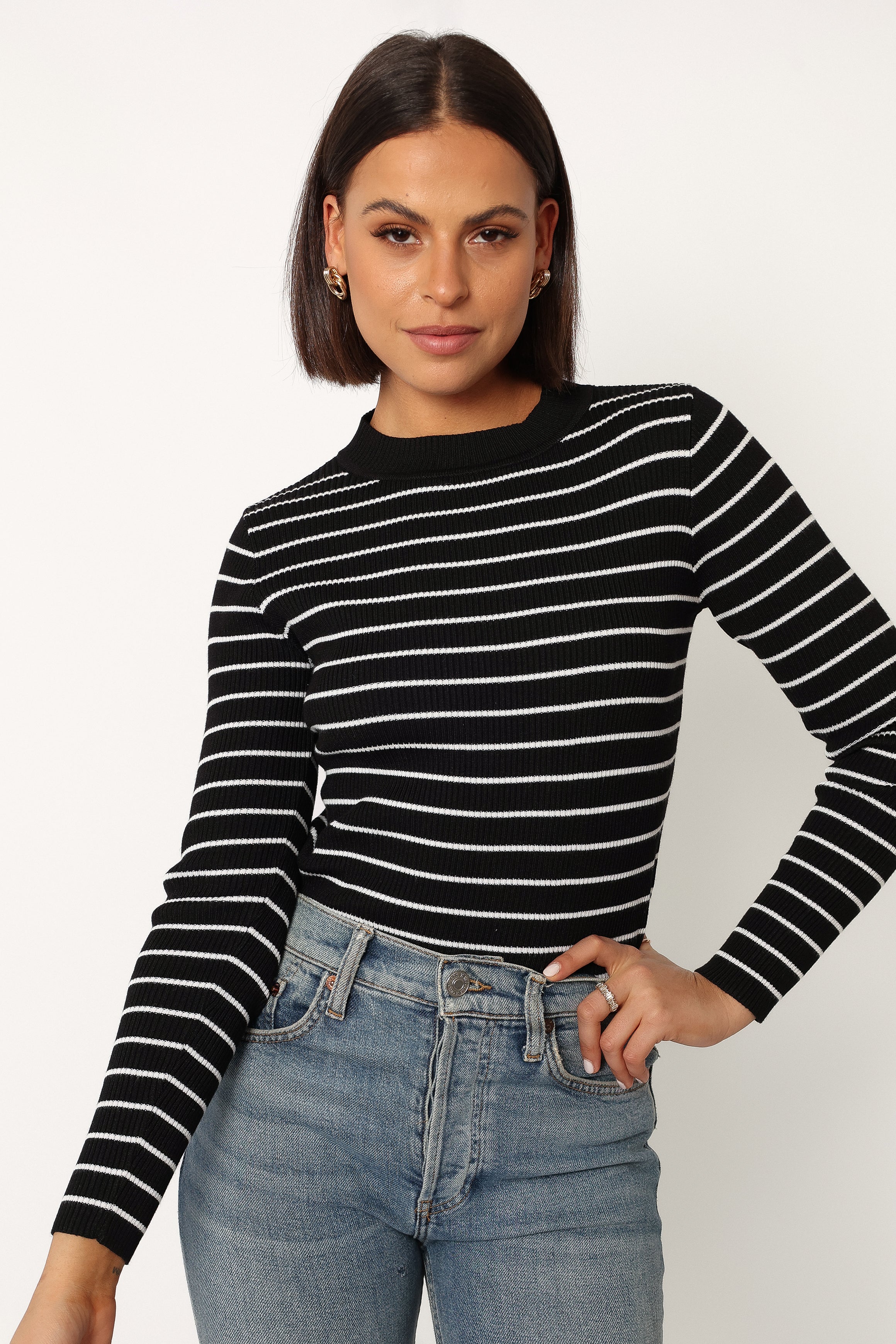 Stacie Ribbed Knit Top - Black Stripe-Aur Fashion