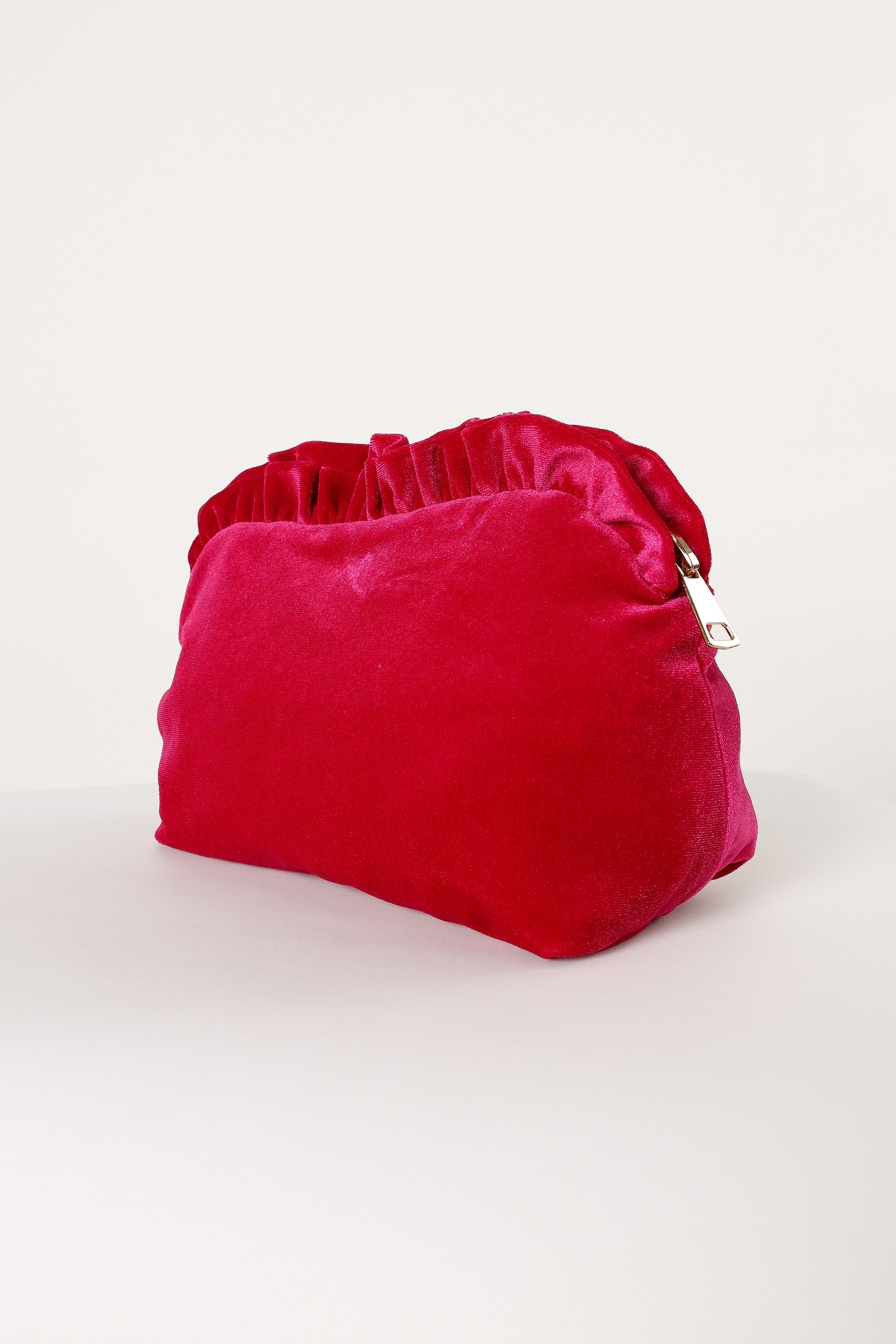 Large Velvet Ruffle Pouch - Magenta-Aur Fashion