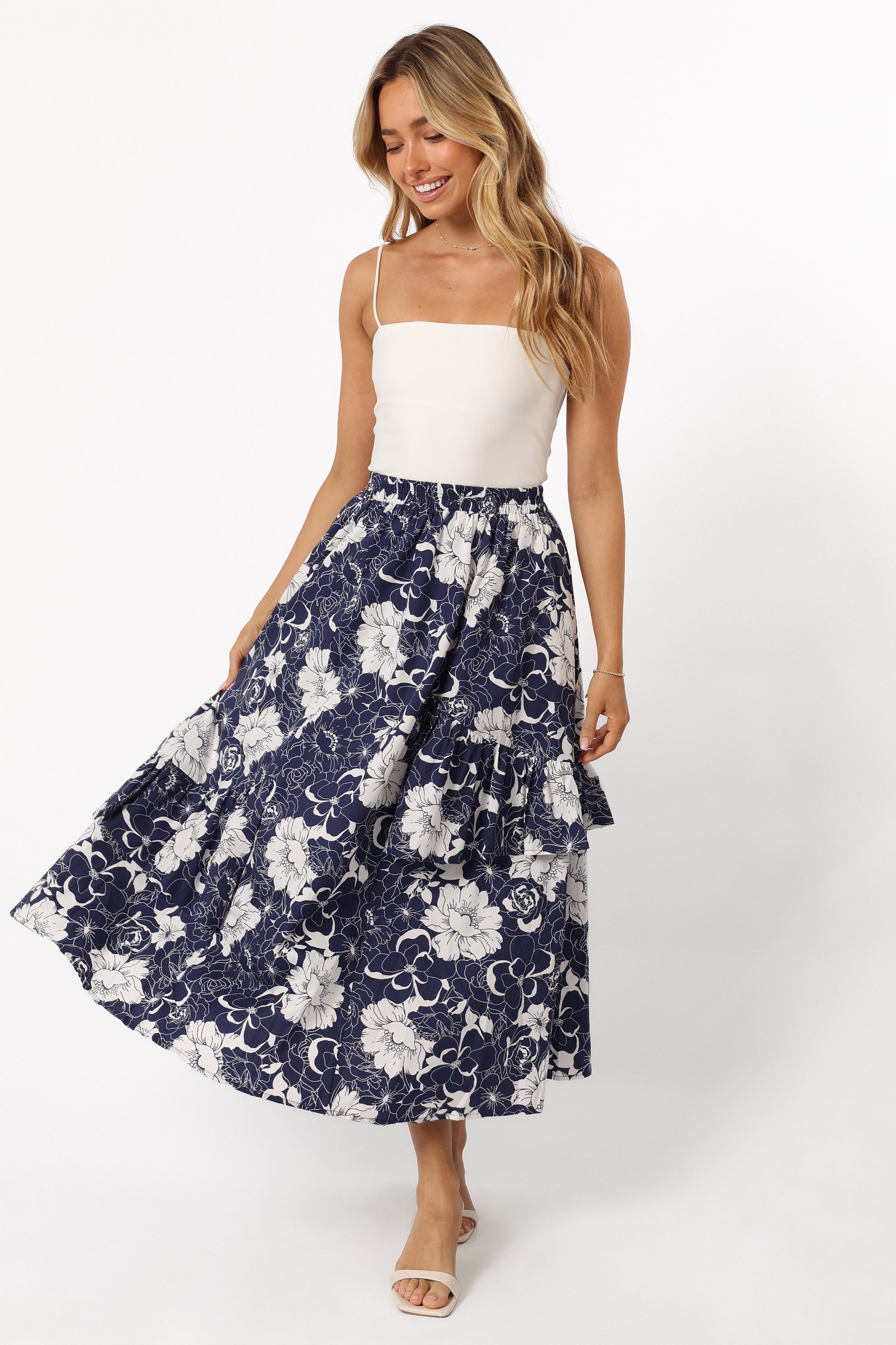 Josephine Tiered Midi Skirt - Navy-Aur Fashion