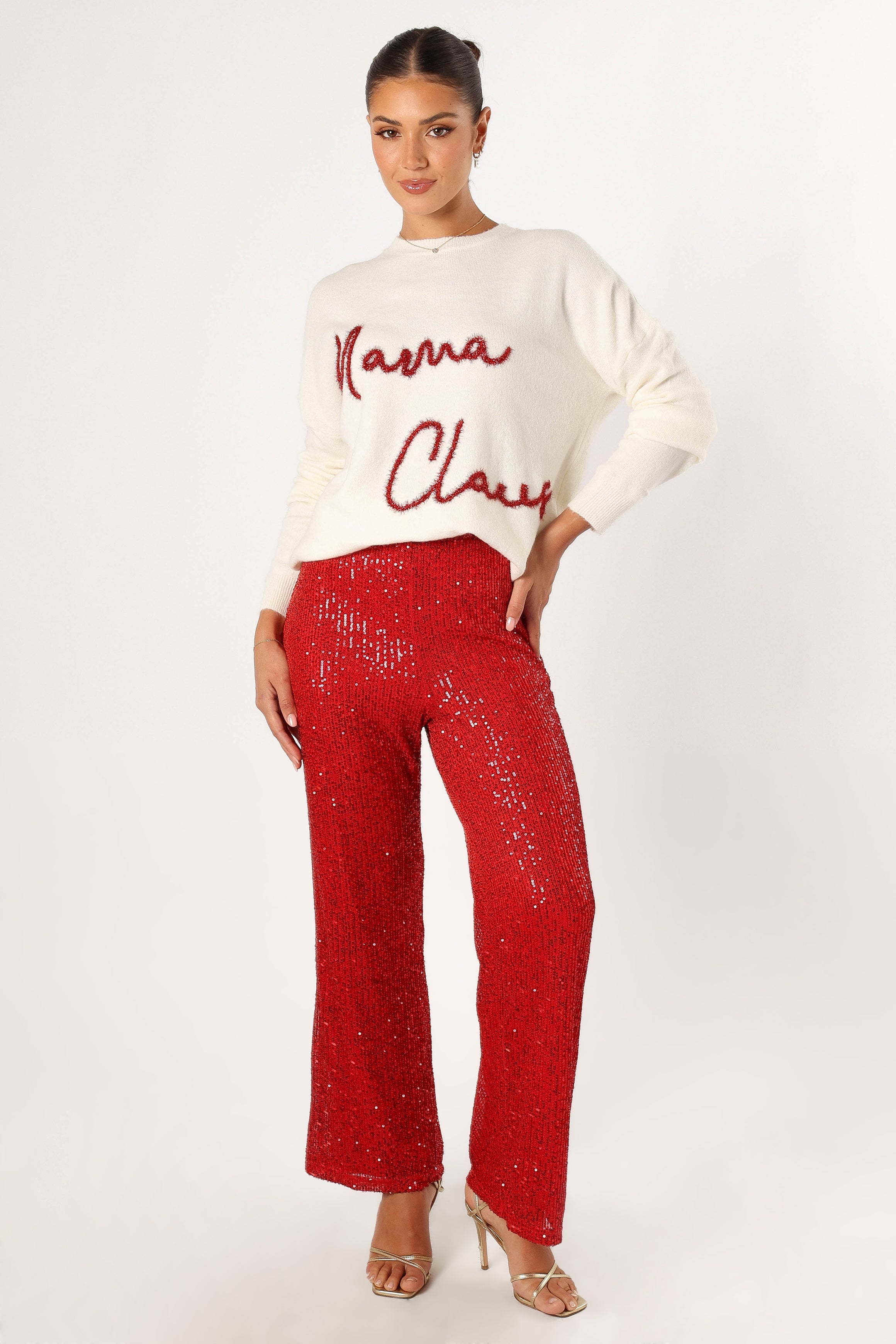 Lilianna Sequin Flare Pant - Red-Aur Fashion