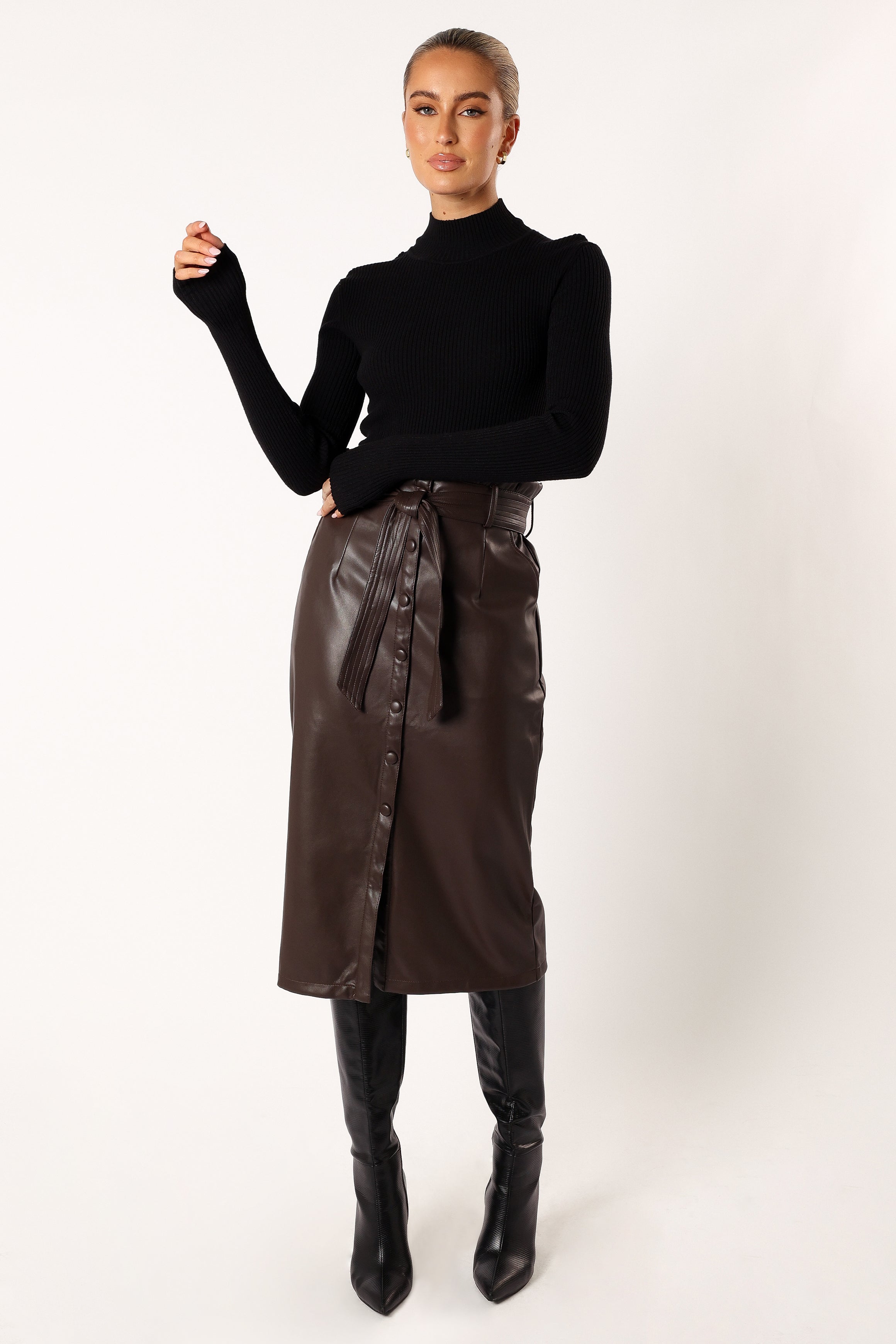Meghan Faux Leather Midi Skirt - Chocolate-Aur Fashion