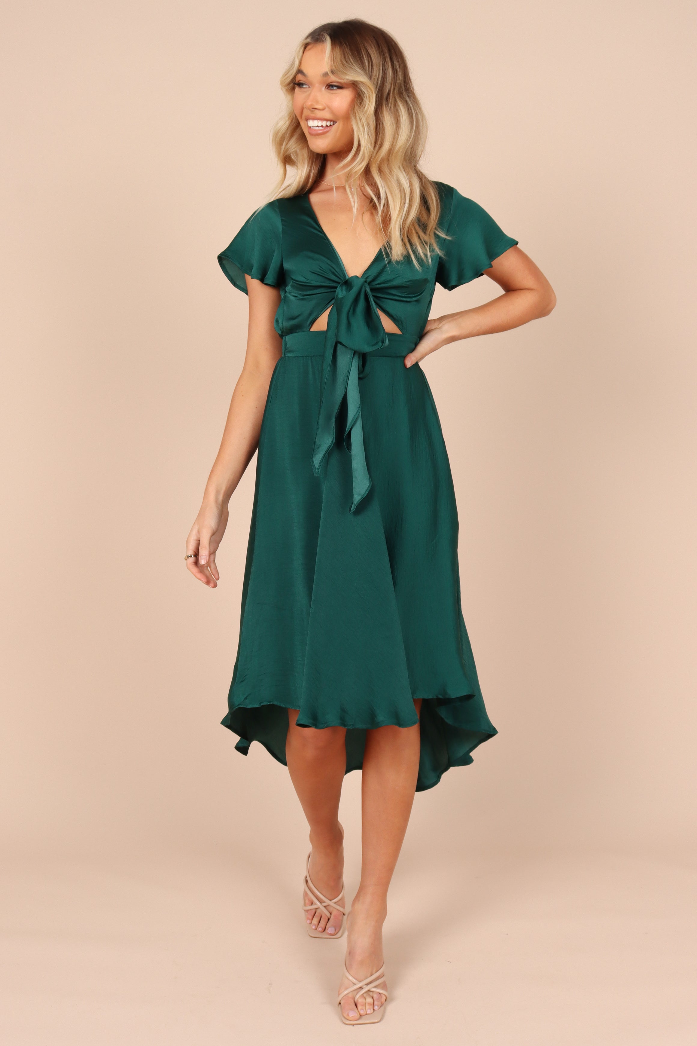 Amanda Hi Lo Tie Front Dress - Emerald-Aur Fashion