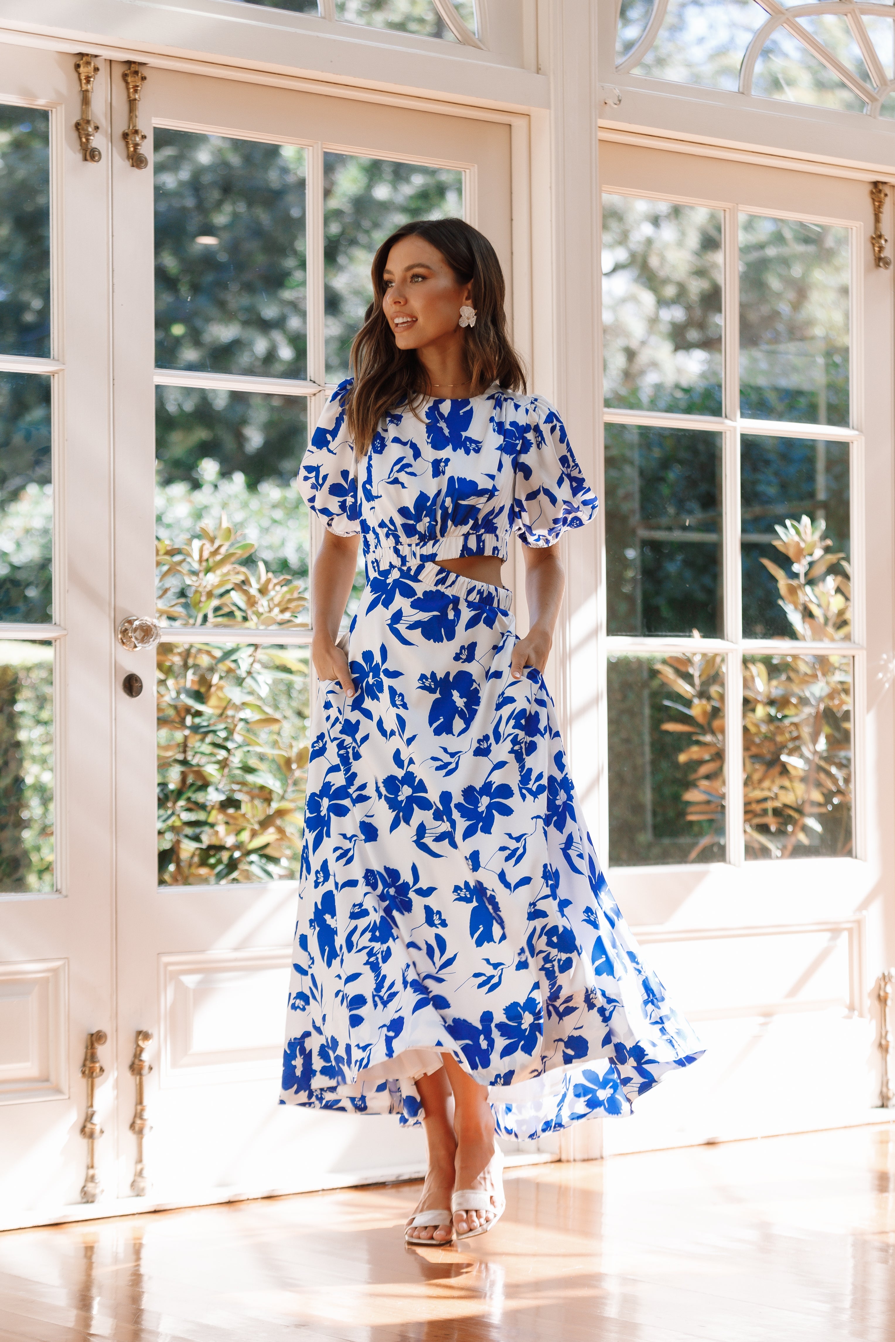 Aminah Puff Sleeve Dress - Blue Floral-Aur Fashion