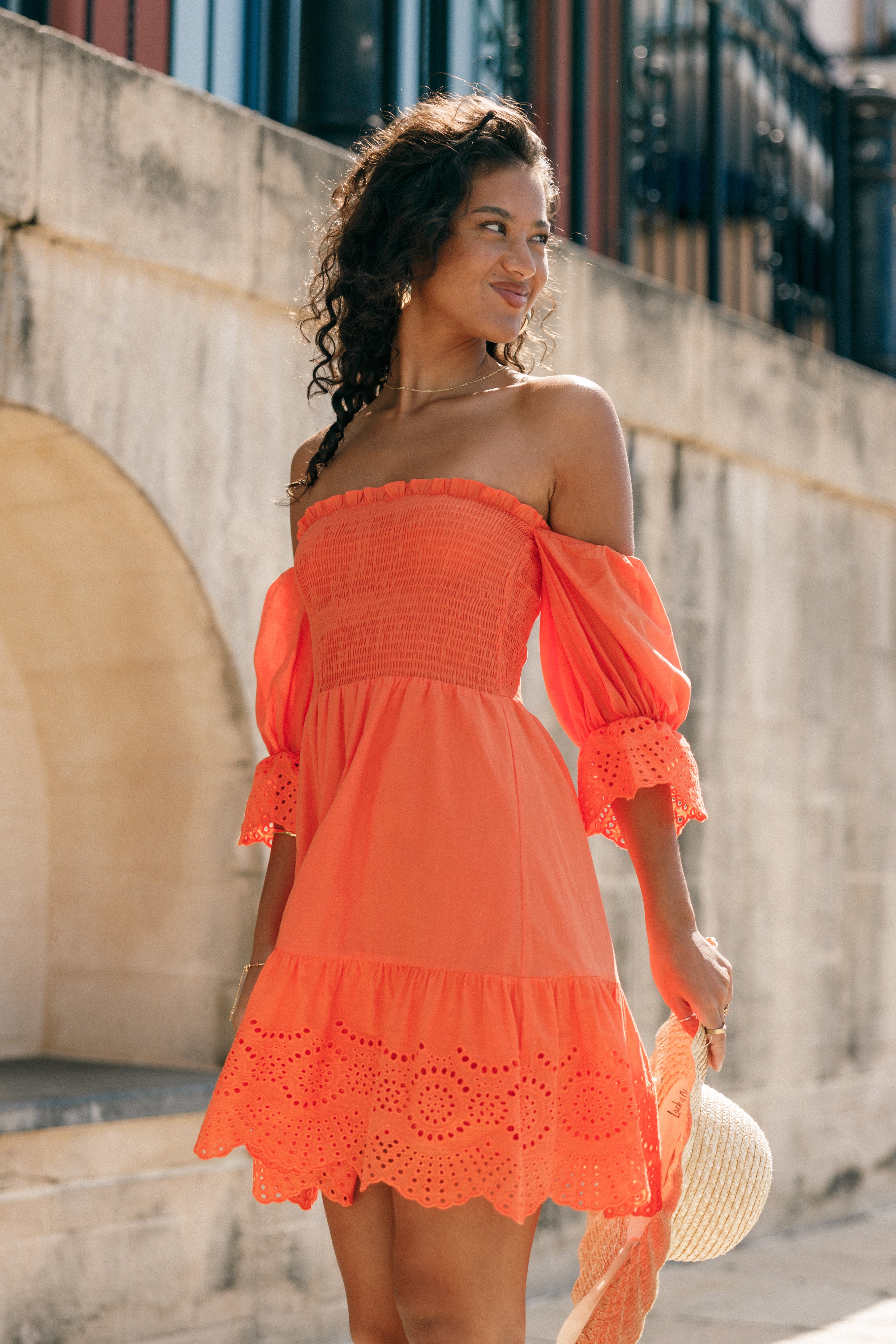 Aniston Off Shoulder Mini Dress - Orange-Aur Fashion