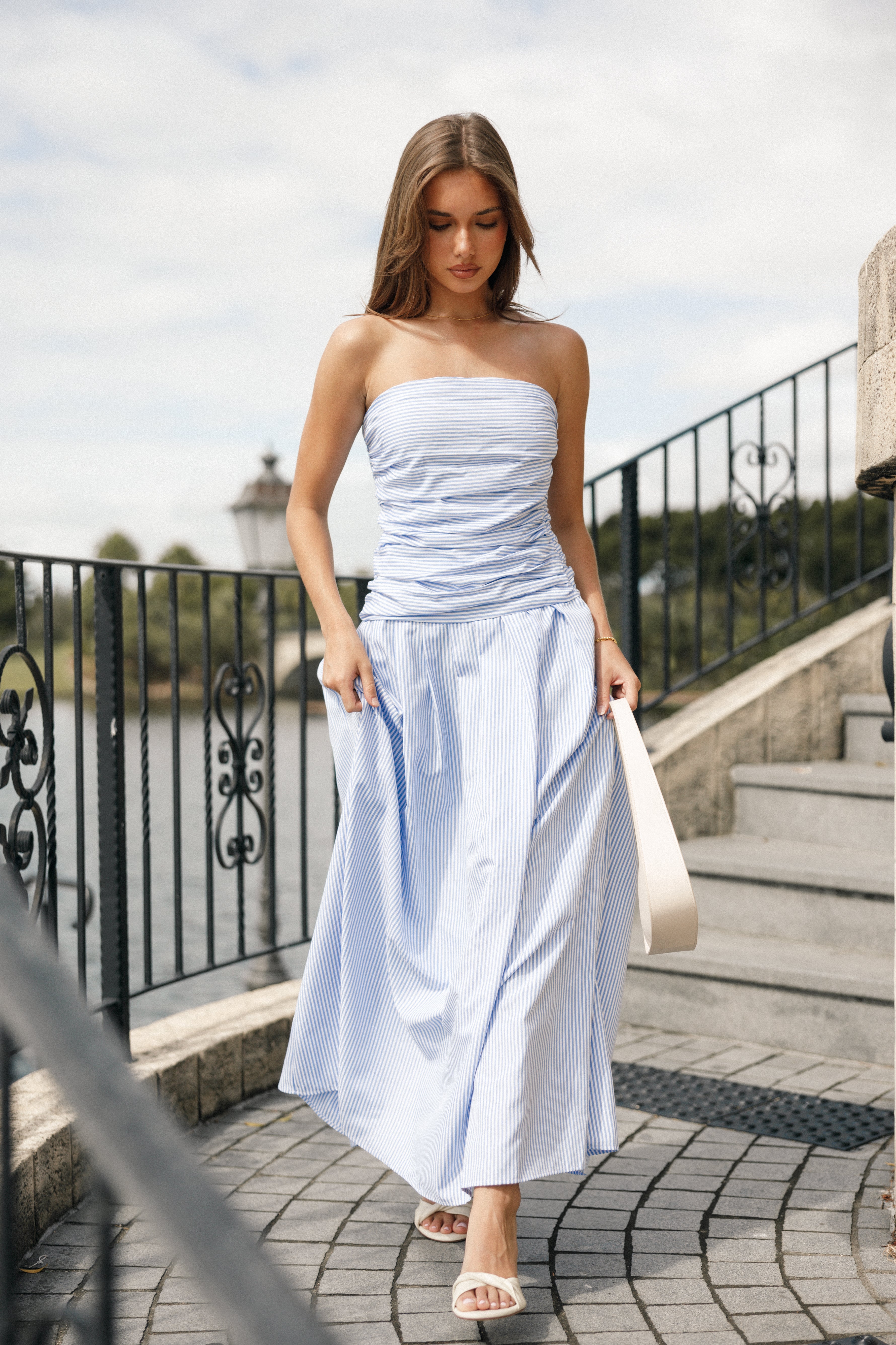 Avalee Strapless Maxi Dress - Blue Stripe-Aur Fashion