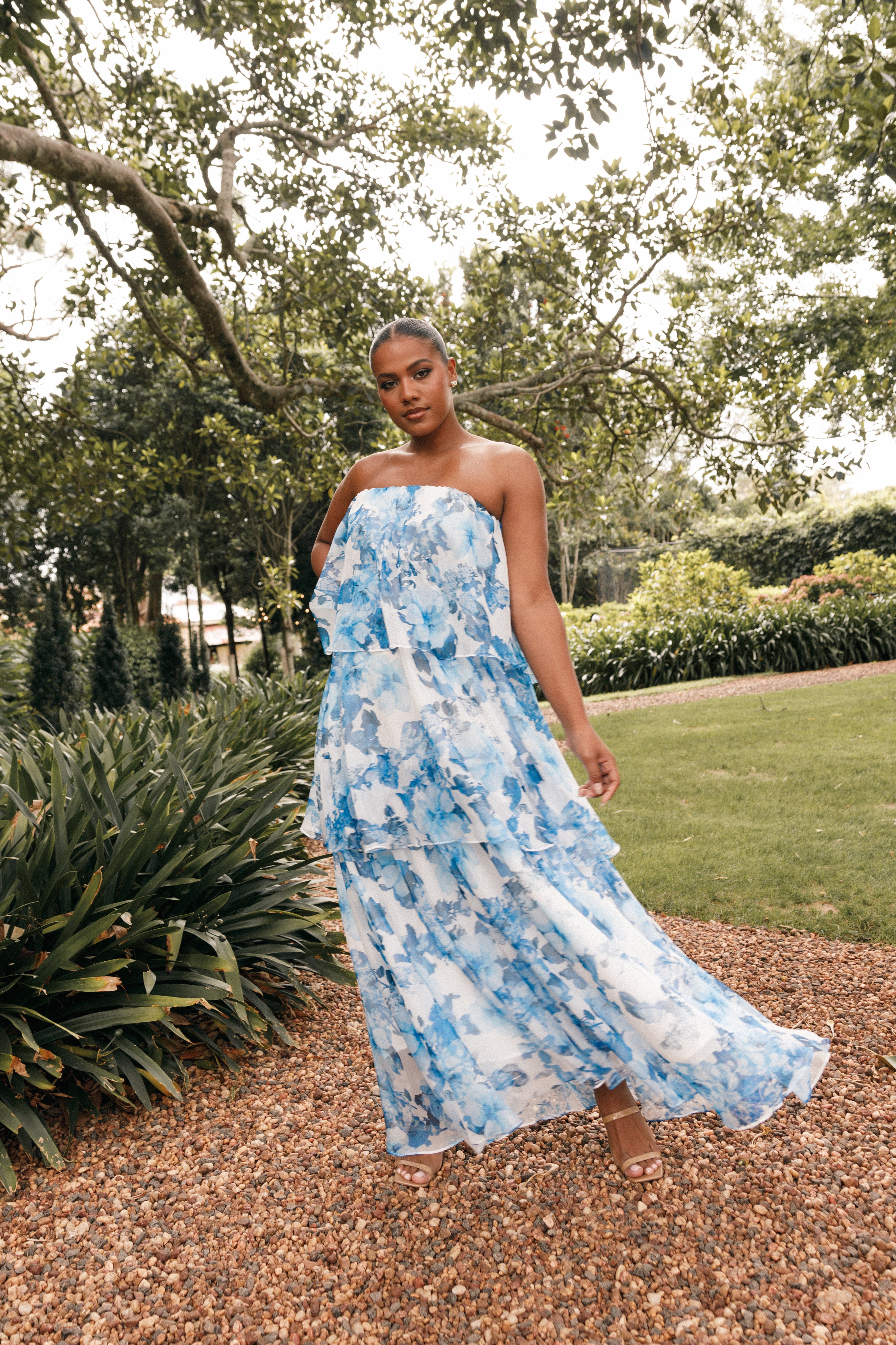 Bloom Strapless Maxi Dress - Blue White Floral-Aur Fashion