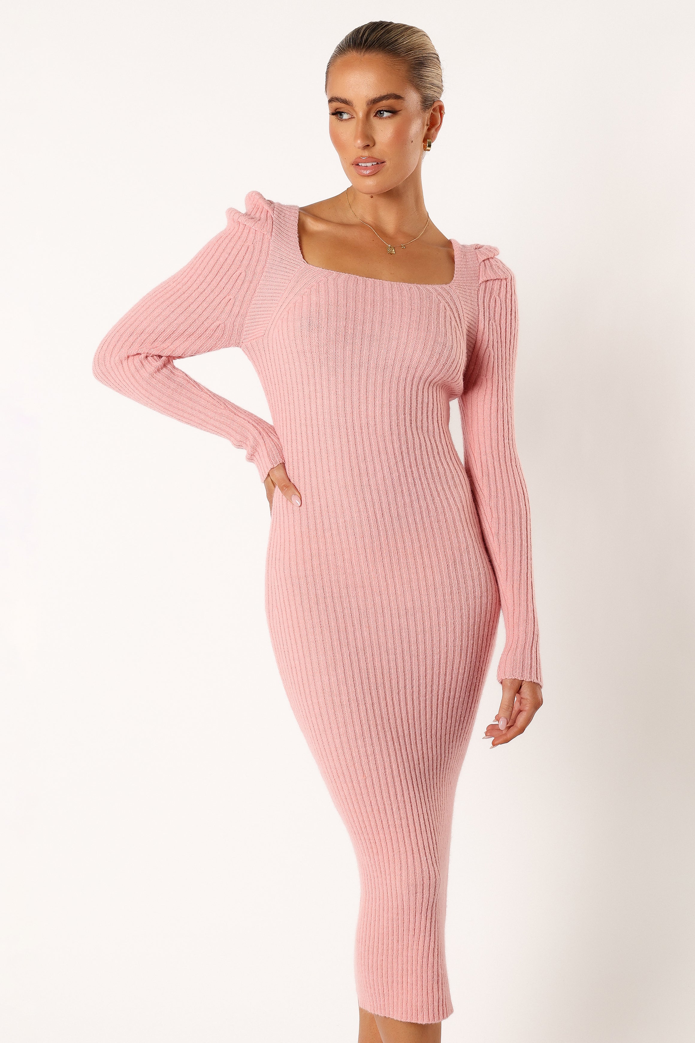 Camryn Puff Sleeve Knit Sweater Midi Dress - Blush-Aur Fashion