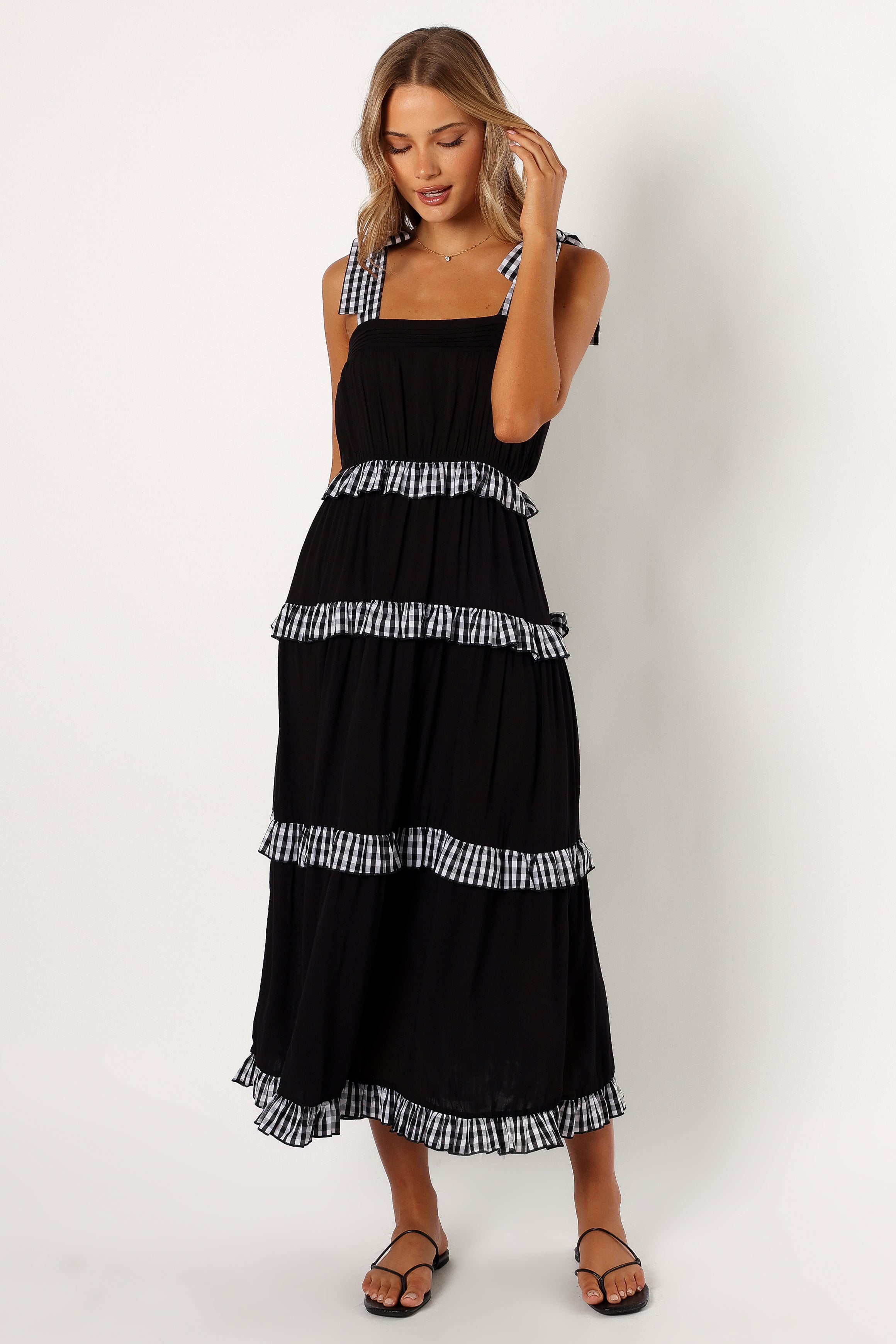 Chanty Tiered Midi Dress - Black Gingham-Aur Fashion