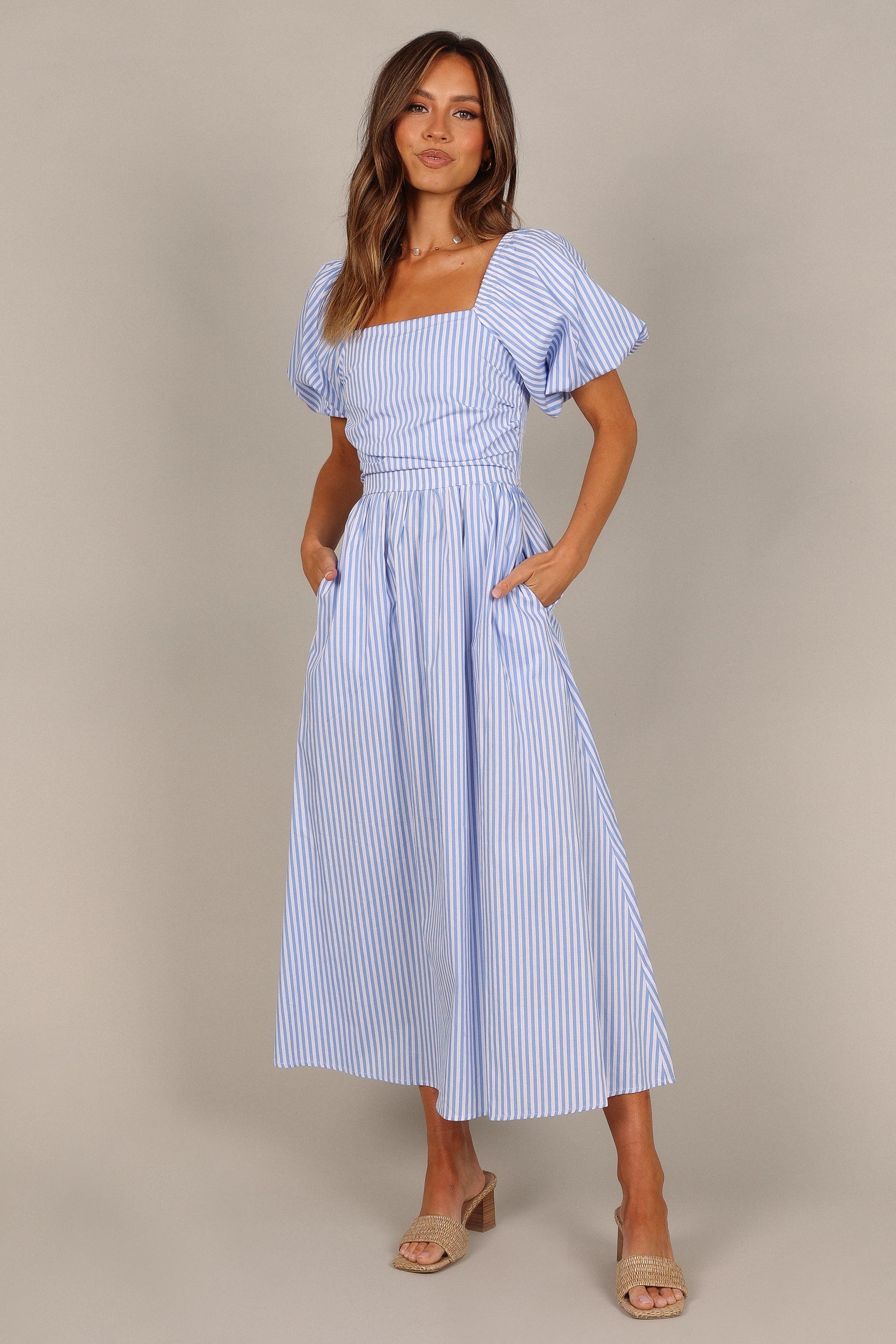 Clo Puff Sleeve Midi Dress - Blue Stripe-Aur Fashion