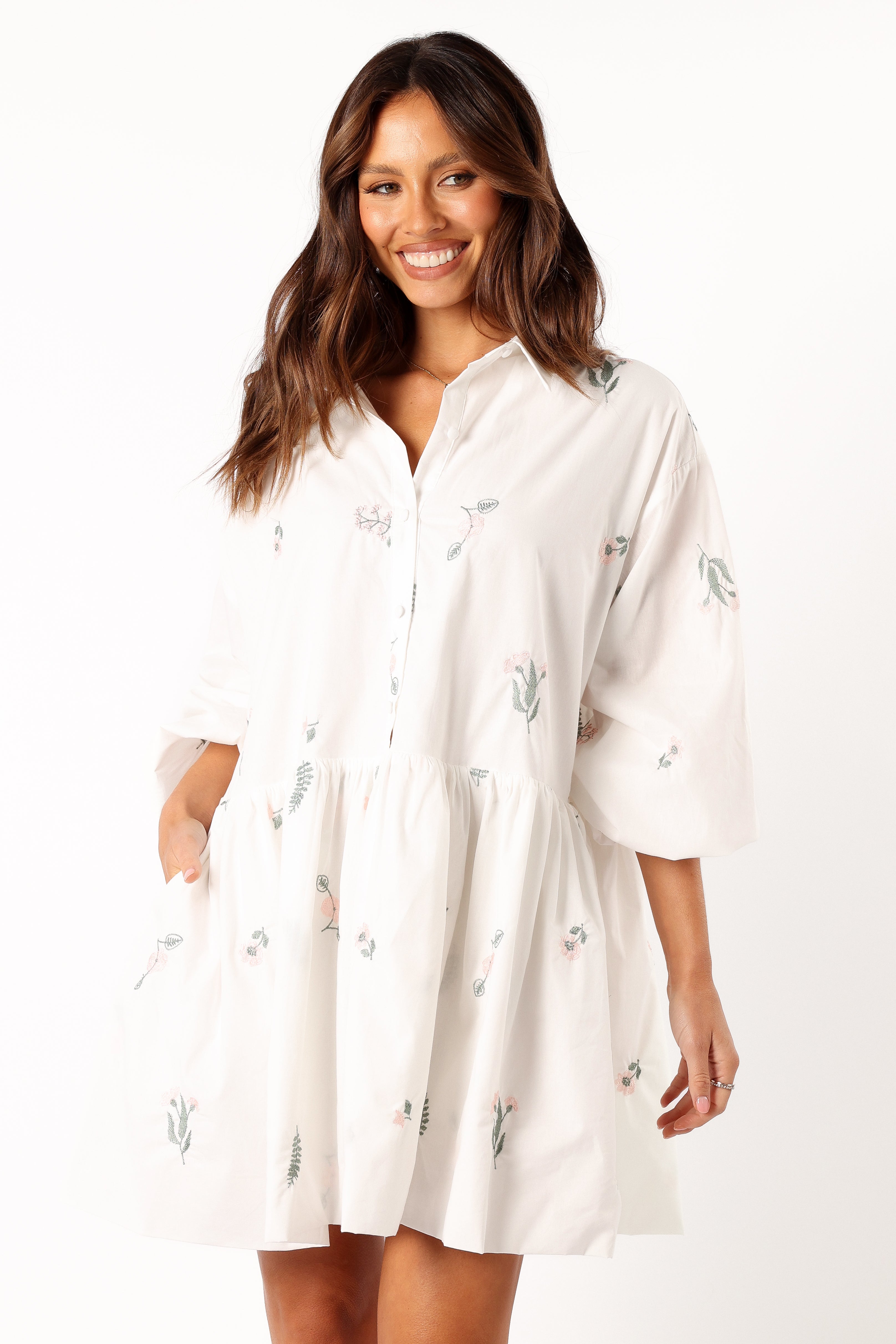 Daisy Long Sleeve Mini Dress - White Floral-Aur Fashion
