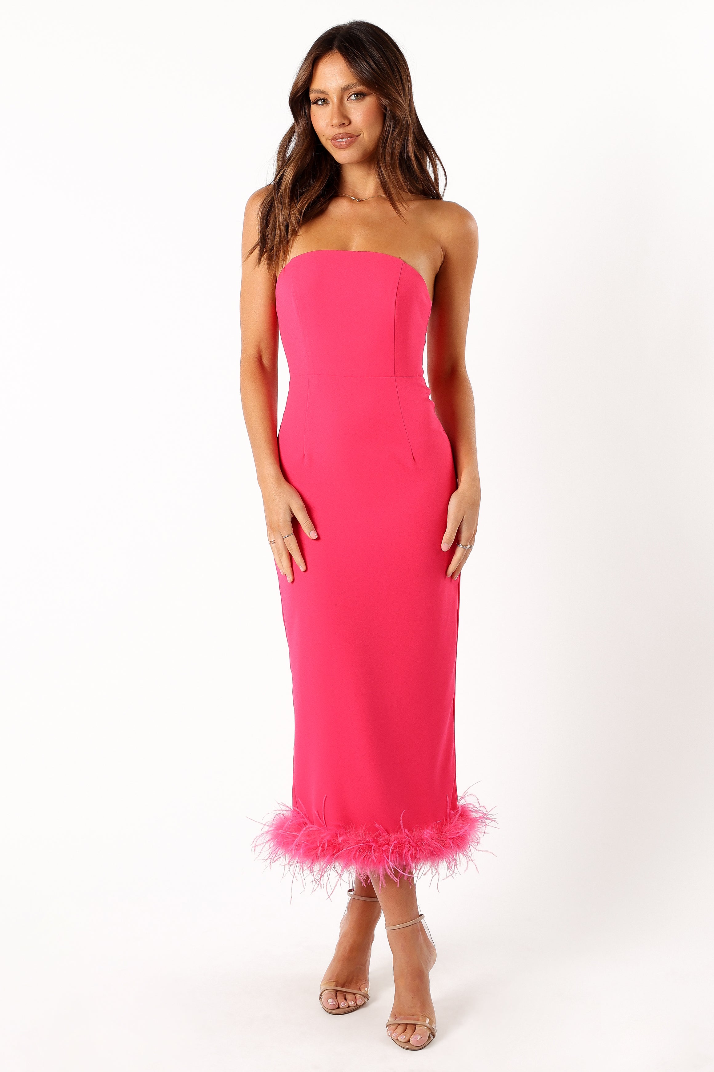 Darbie Strapless Feather Midi Dress - Berry-Aur Fashion