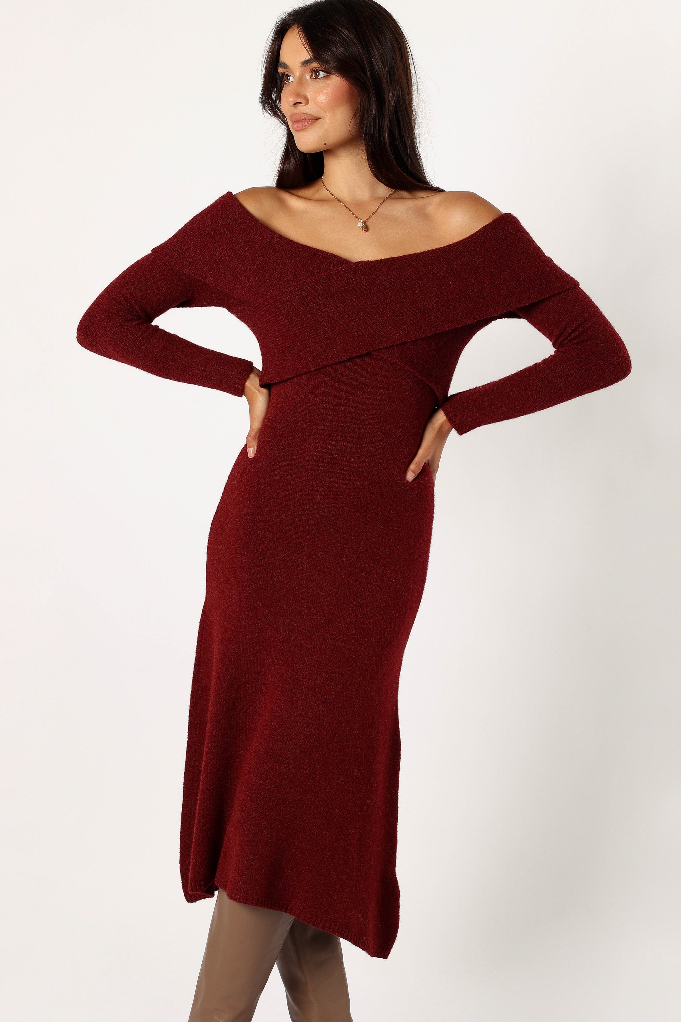 Deena Off Shoulder Midi Dress - Red-Aur Fashion