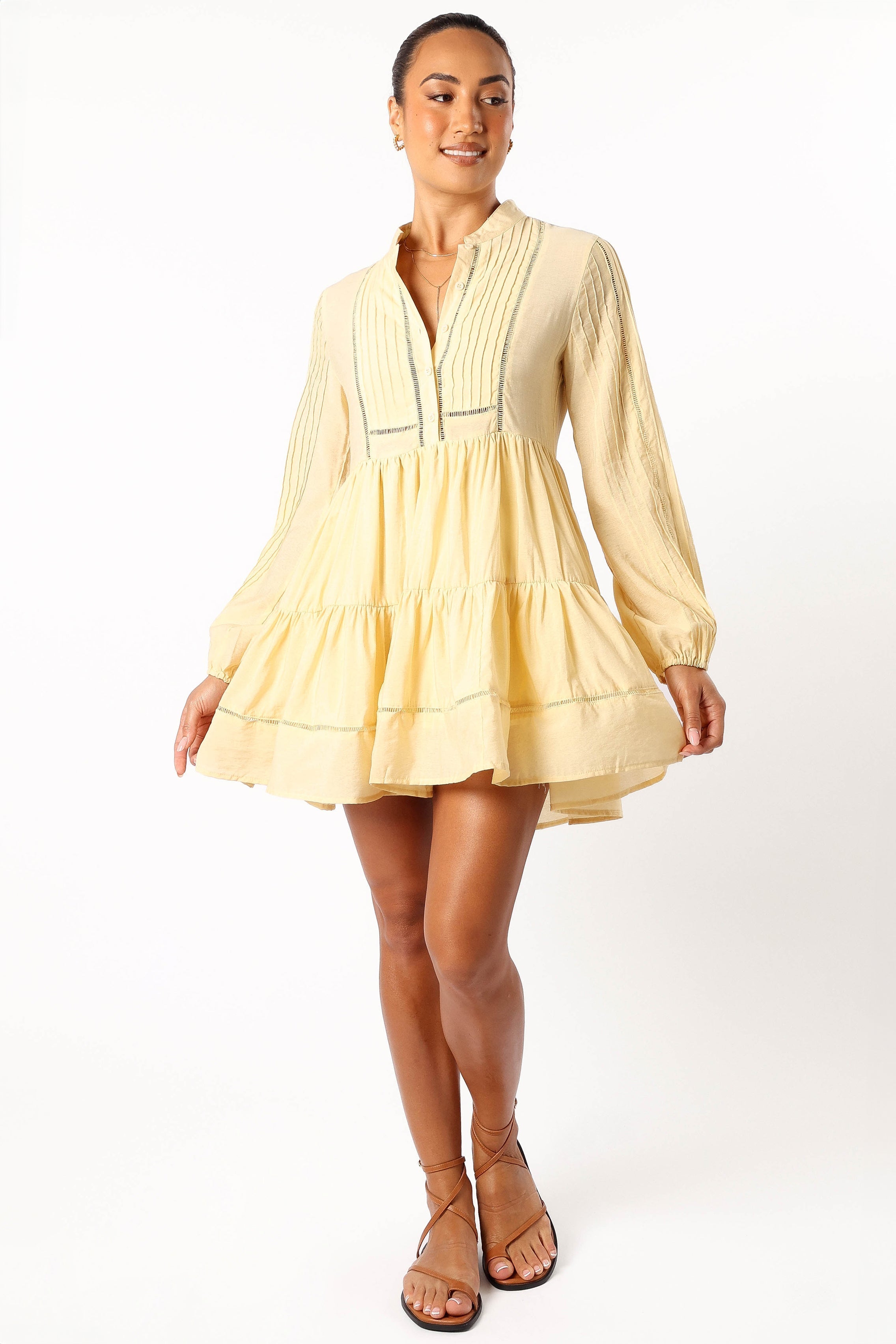 Denali Long Sleeve Mini Dress - Tan Yellow-Aur Fashion